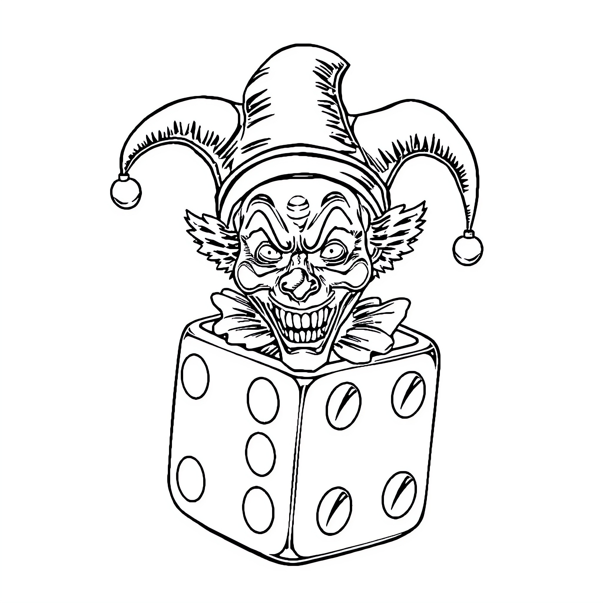 Clown with Jester Hat Peeking from Dice Box Coloring Page (free black-and-white line drawing printable PDF for all, from beginners to advanced learners, including children, teens, adults, and seniors)