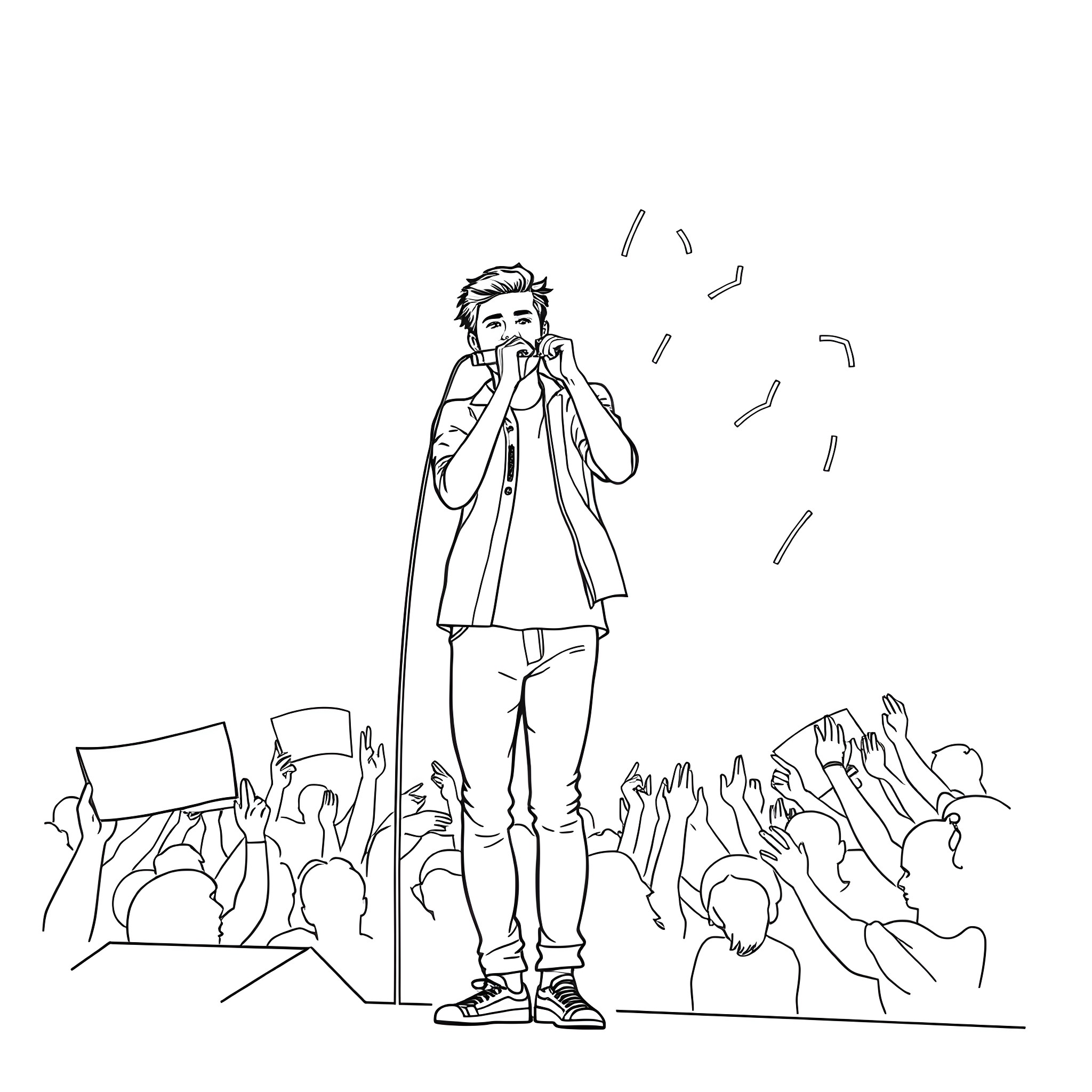 Louis Tomlinson Interacting with Enthusiastic Crowd Coloring Page (free black-and-white line drawing printable PDF for all, from beginners to advanced learners, including children, teens, adults, and seniors)