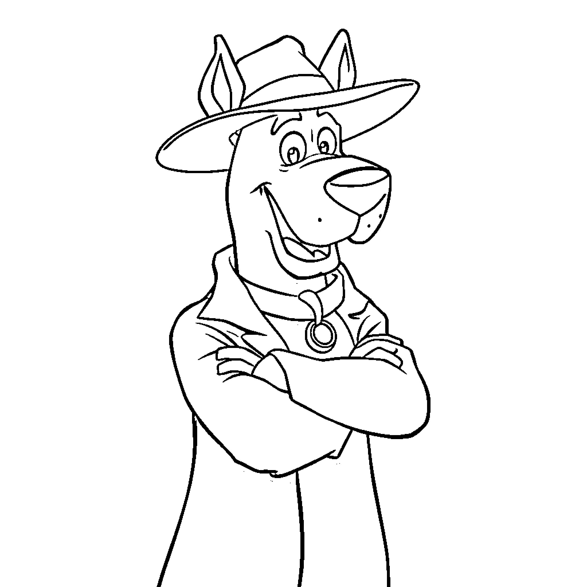 Scooby Doo in Cowboy Outfit with Arms Crossed Coloring Page (free black-and-white line drawing printable PDF for all, from beginners to advanced learners, including children, teens, adults, and seniors)