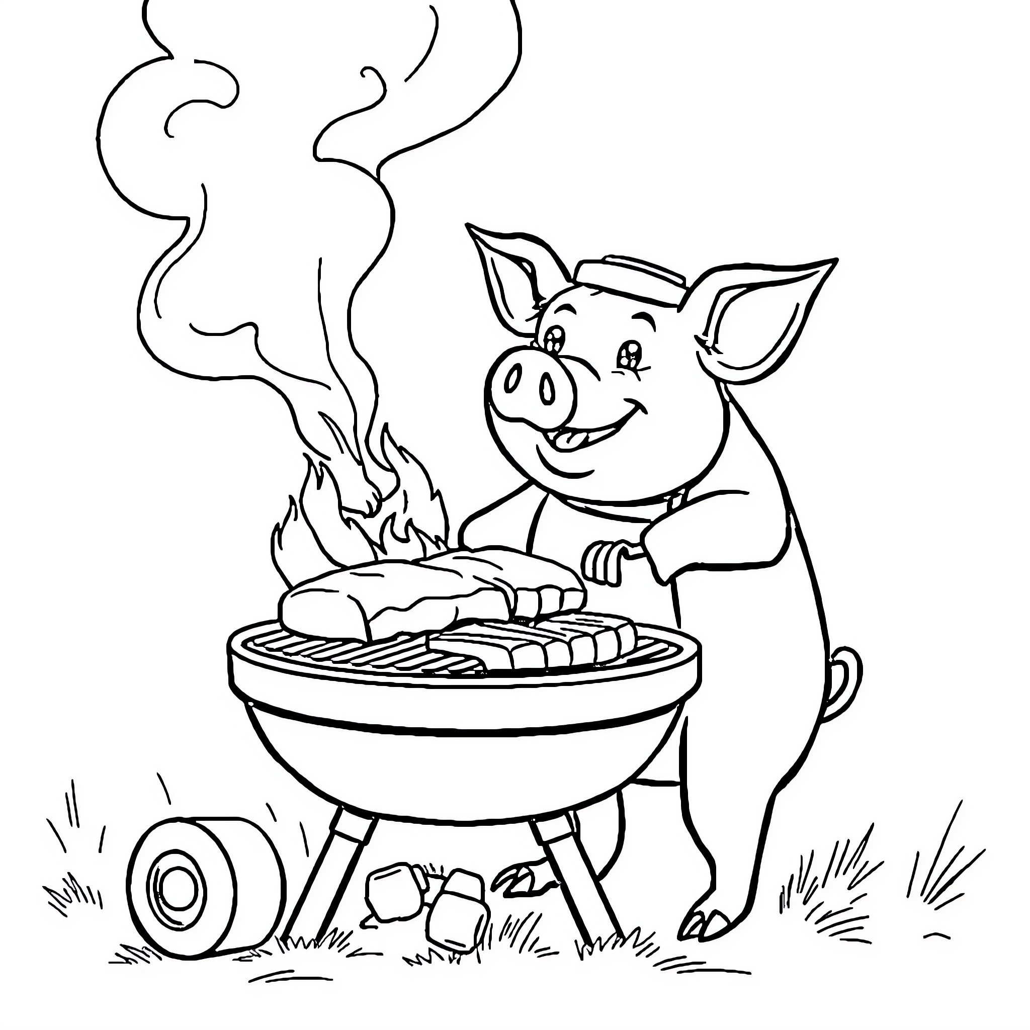 Pig grilling delicious food on a barbecue Coloring Page (free black-and-white line drawing printable PDF for all, from beginners to advanced learners, including children, teens, adults, and seniors)