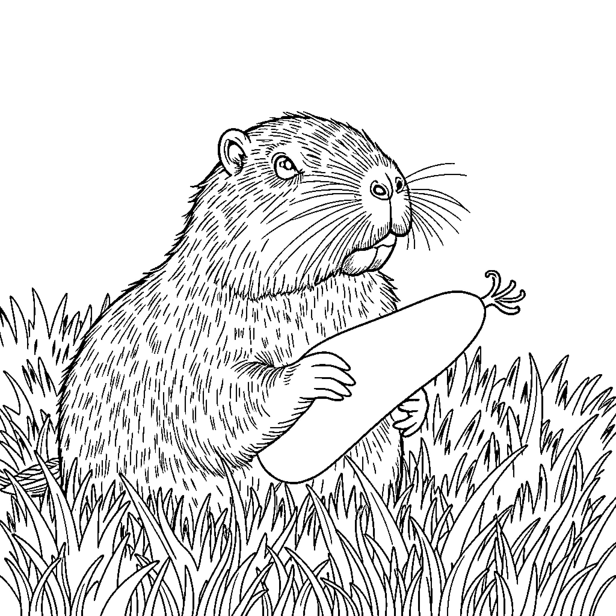 Capybara playing with carrot in grassy field Coloring Page (free black-and-white line drawing printable PDF for all, from beginners to advanced learners, including children, teens, adults, and seniors)