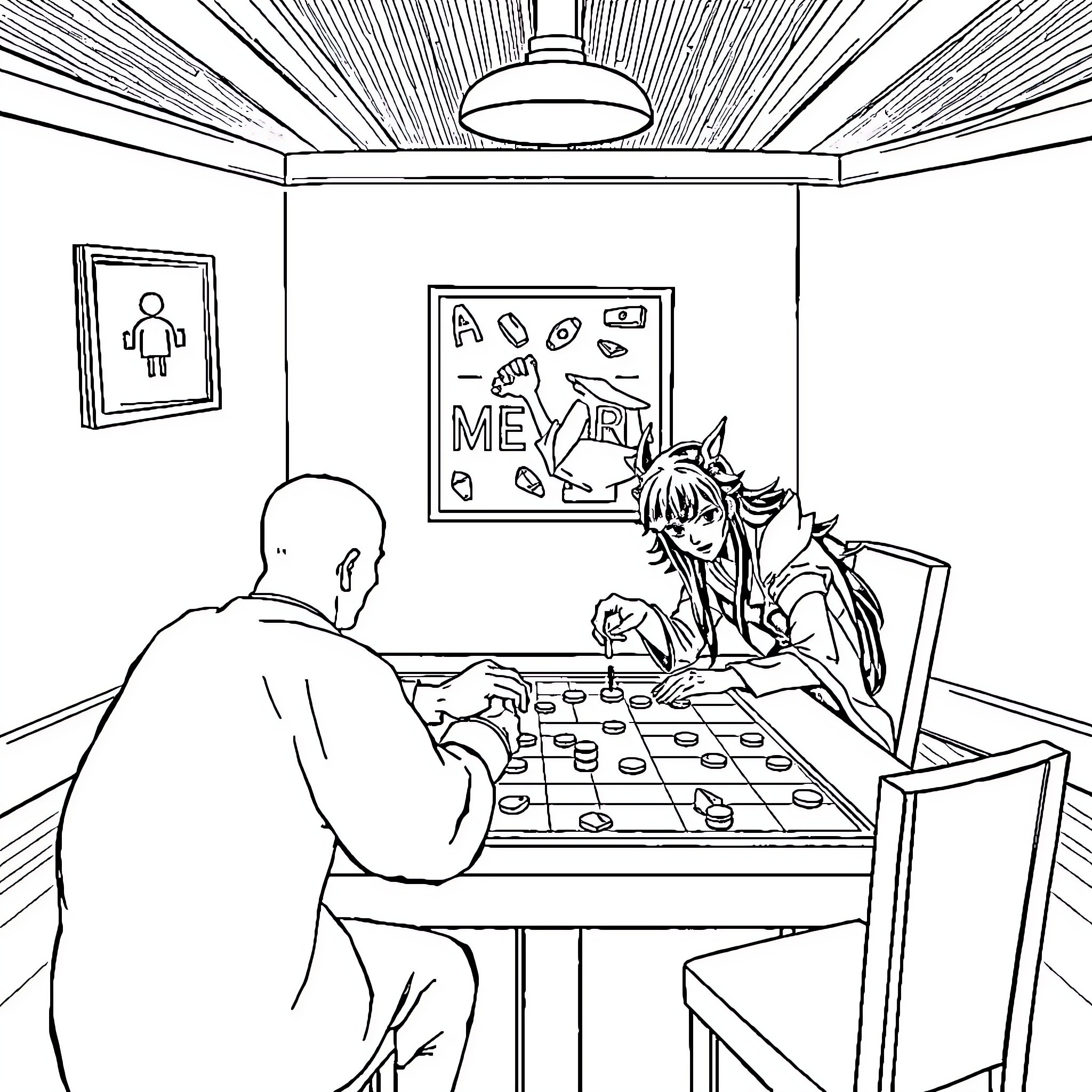 Akaza playing checkers with friend in room Coloring Page (free black-and-white line drawing printable PDF for all, from beginners to advanced learners, including children, teens, adults, and seniors)