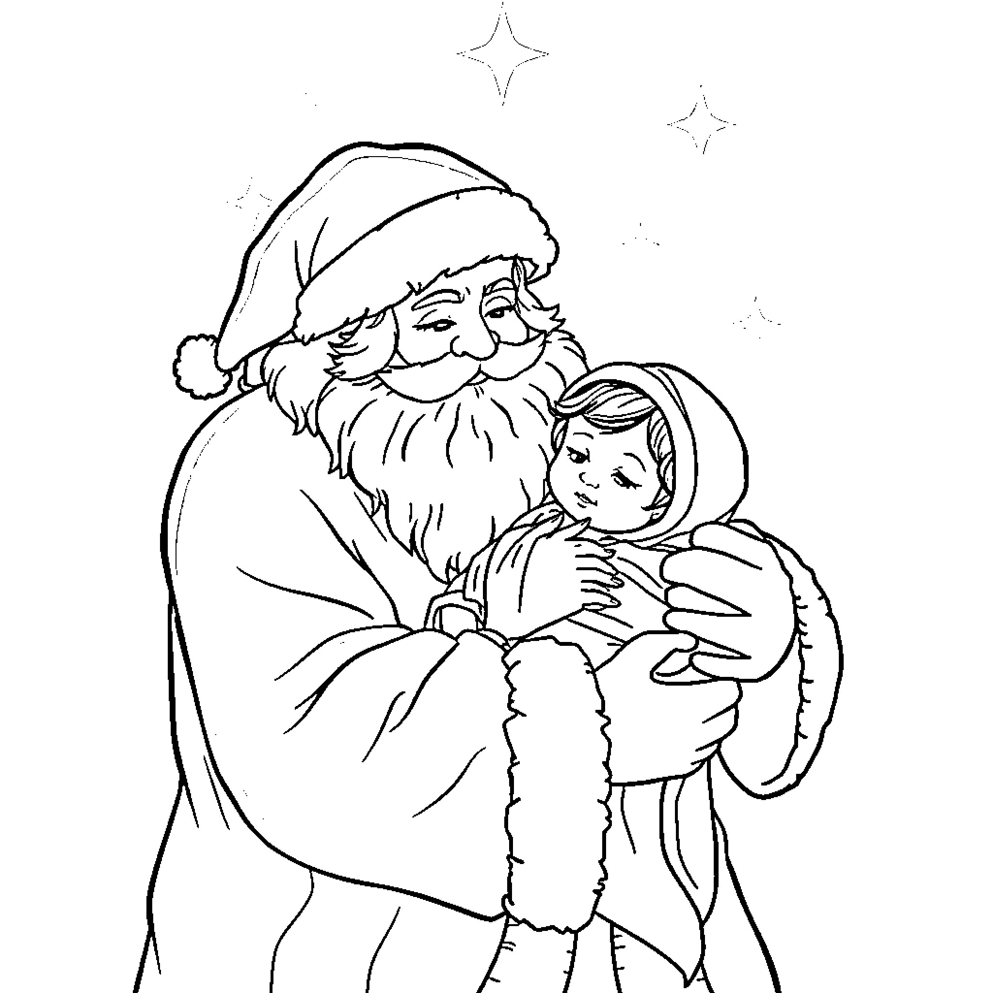 Santa embracing a child with joy Coloring Page (free black-and-white line drawing printable PDF for all, from beginners to advanced learners, including children, teens, adults, and seniors)