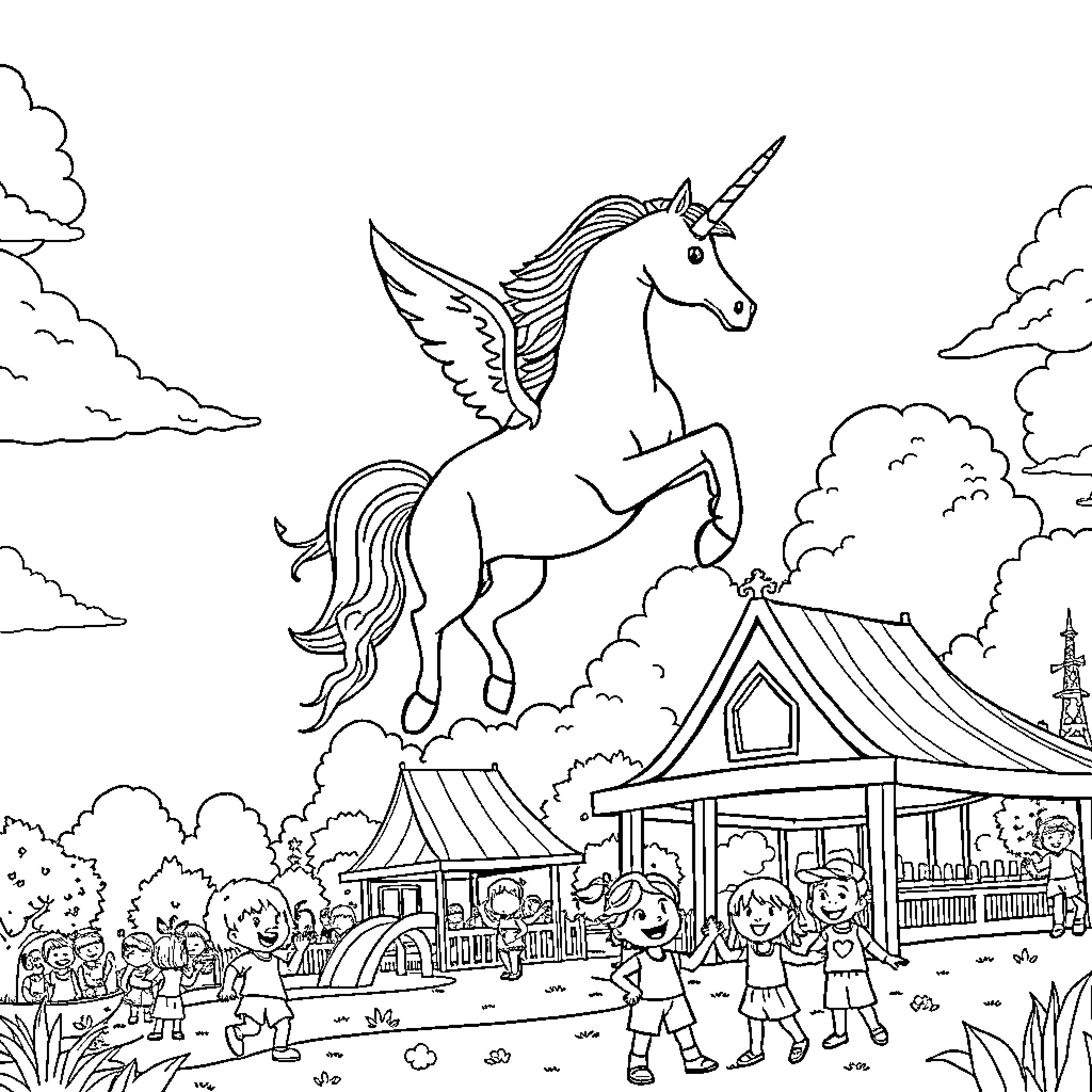Unicorn soaring over whimsical village scene Coloring Page (free black-and-white line drawing printable PDF for all, from beginners to advanced learners, including children, teens, adults, and seniors)