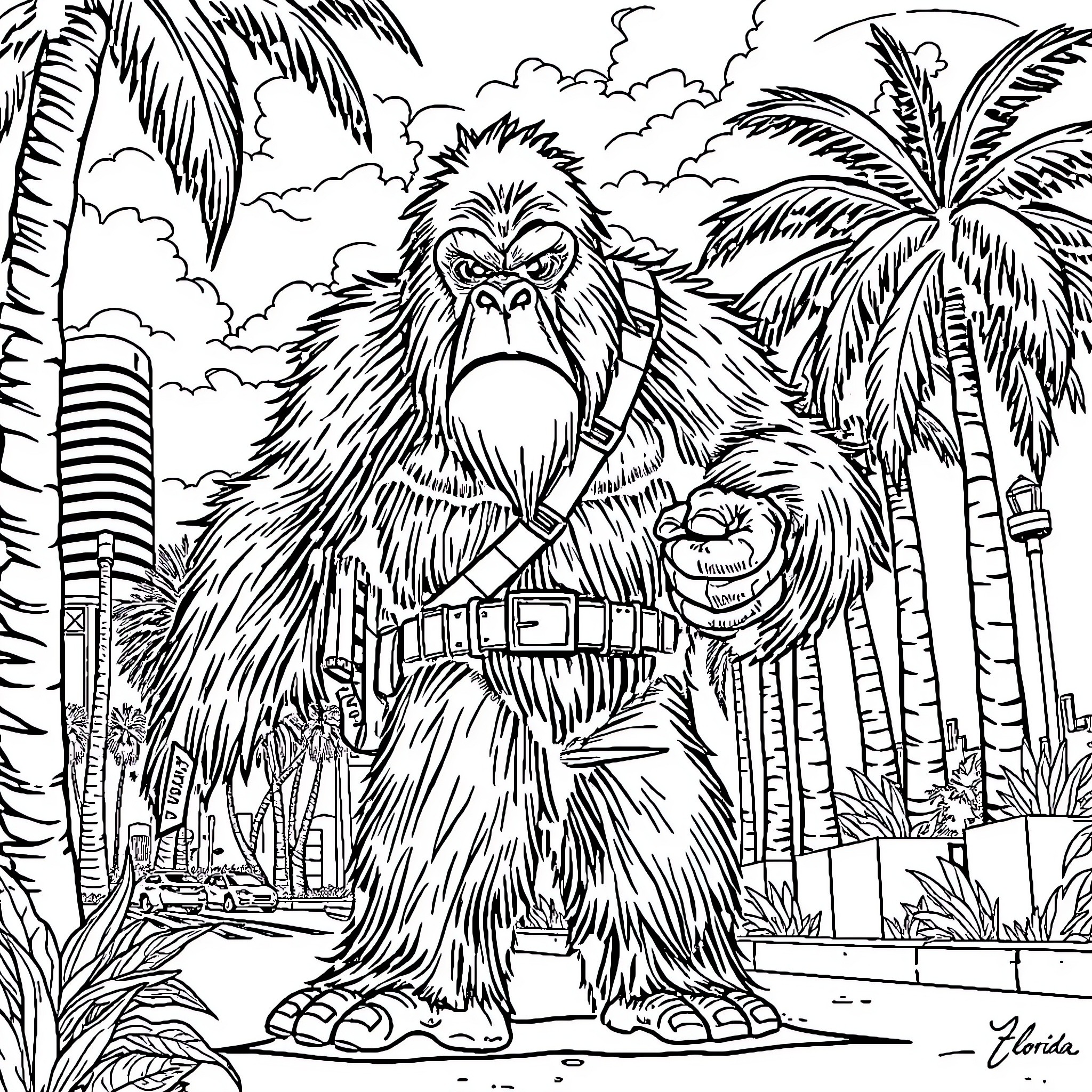 Bigfoot exploring tropical landscape with palm trees Coloring Page (free black-and-white line drawing printable PDF for all, from beginners to advanced learners, including children, teens, adults, and seniors)