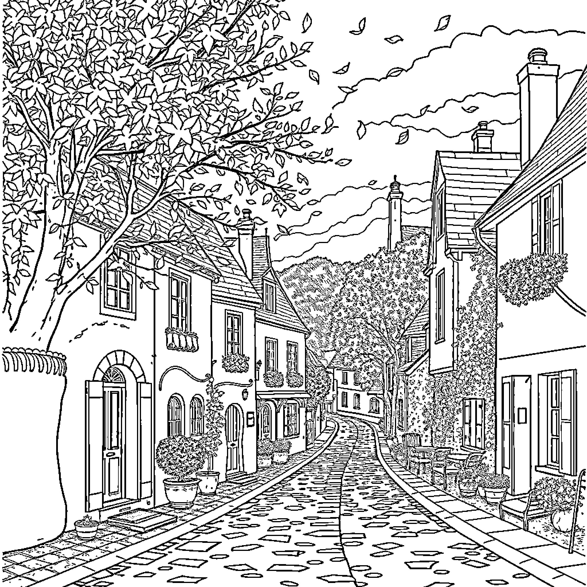 Autumn Scene in a Quaint Village Coloring Page (free black-and-white line drawing printable PDF for all, from beginners to advanced learners, including children, teens, adults, and seniors)