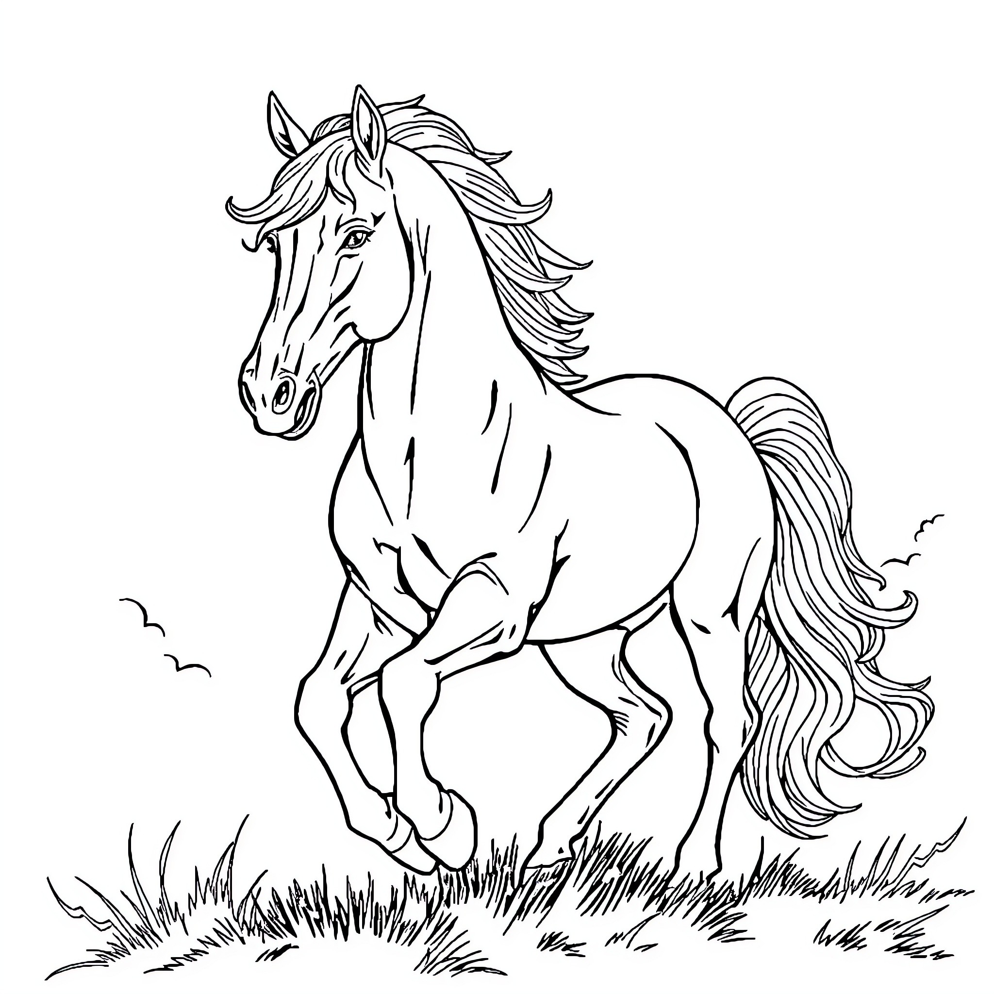 Pegasus running freely in the meadow Coloring Page (free black-and-white line drawing printable PDF for all, from beginners to advanced learners, including children, teens, adults, and seniors)
