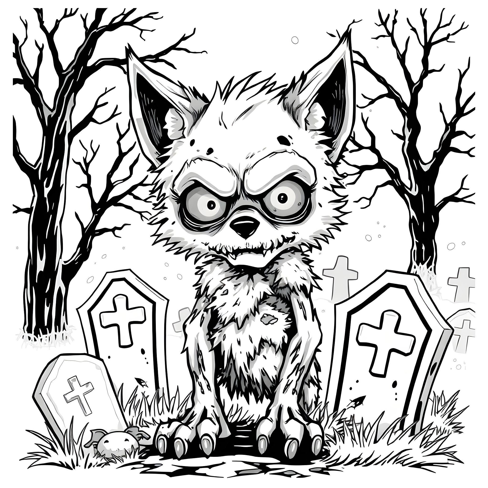 Zombie Creature Lurking in Haunted Graveyard Coloring Page (free black-and-white line drawing printable PDF for all, from beginners to advanced learners, including children, teens, adults, and seniors)