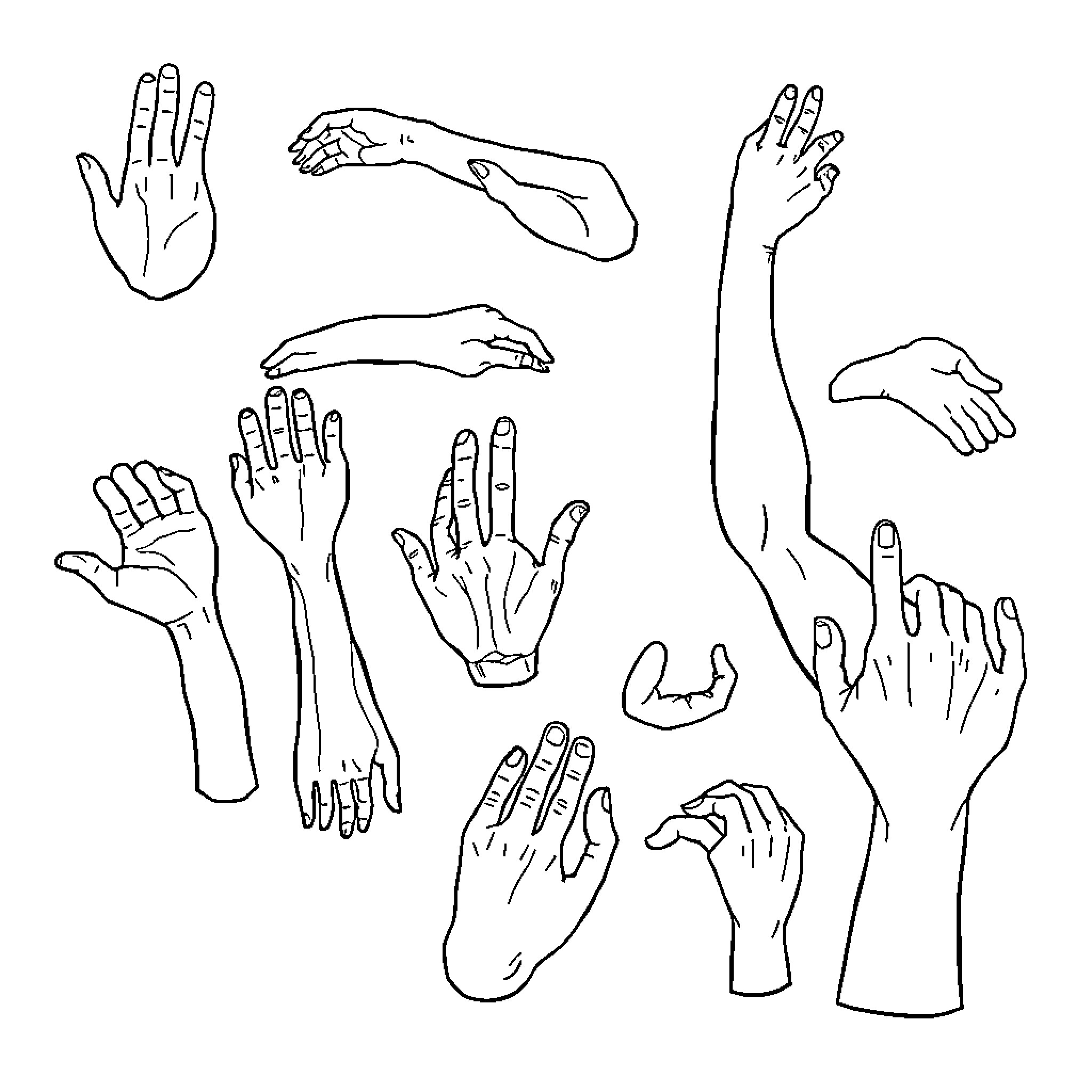 Body Part Gestures and Poses Coloring Page (free black-and-white line drawing printable PDF for all, from beginners to advanced learners, including children, teens, adults, and seniors)