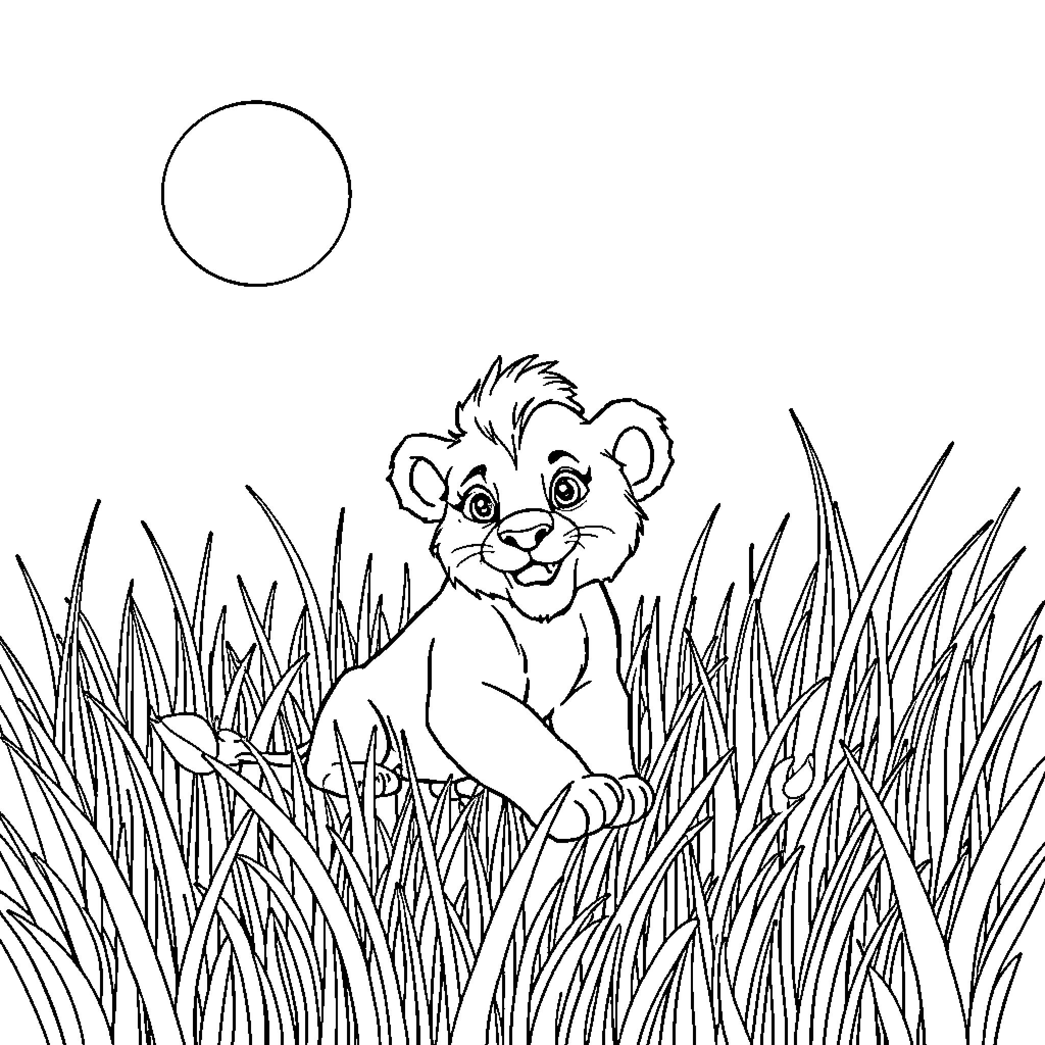 Lion cub resting playfully in tall grass Coloring Page (free black-and-white line drawing printable PDF for all, from beginners to advanced learners, including children, teens, adults, and seniors)