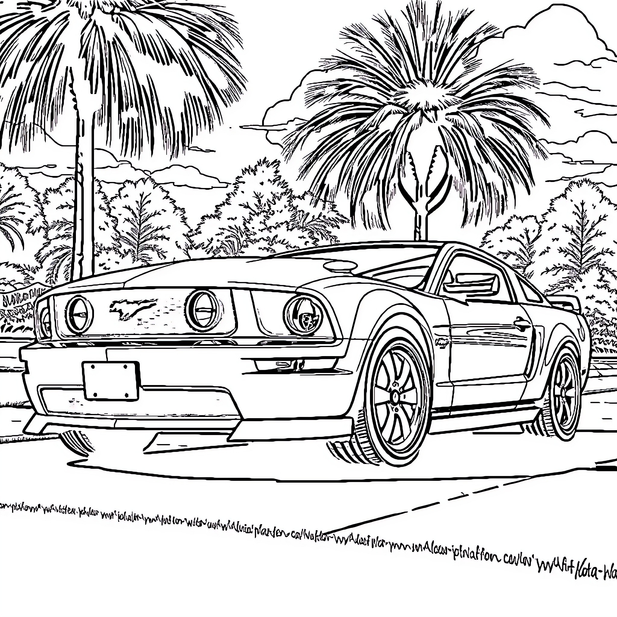 Mustang Muscle Car in Tropical Landscape Coloring Page (free black-and-white line drawing printable PDF for all, from beginners to advanced learners, including children, teens, adults, and seniors)