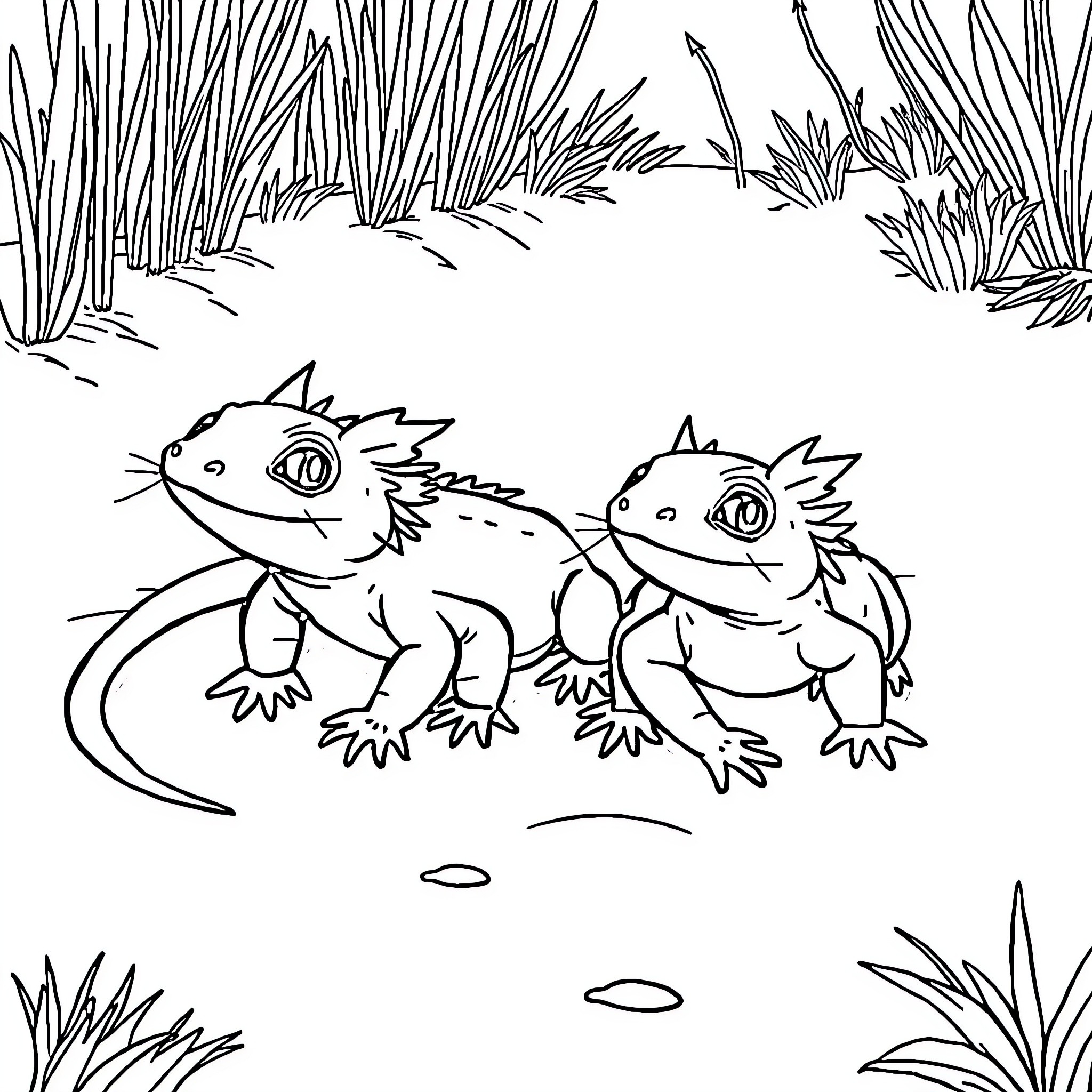 Axolotl siblings playing in the wild Coloring Page (free black-and-white line drawing printable PDF for all, from beginners to advanced learners, including children, teens, adults, and seniors)