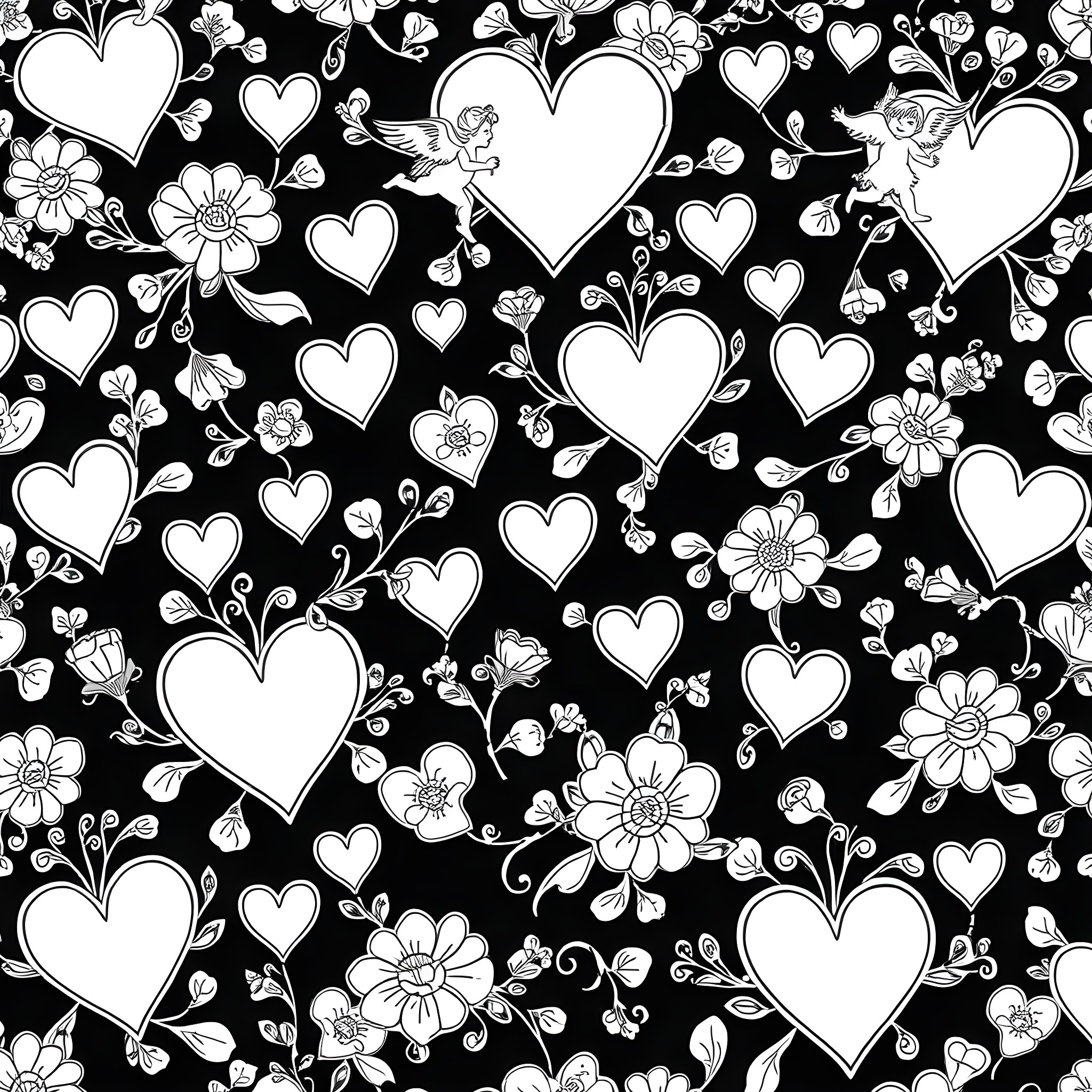 Valentine's Floral Hearts and Flowers Coloring Page (free black-and-white line drawing printable PDF for all, from beginners to advanced learners, including children, teens, adults, and seniors)