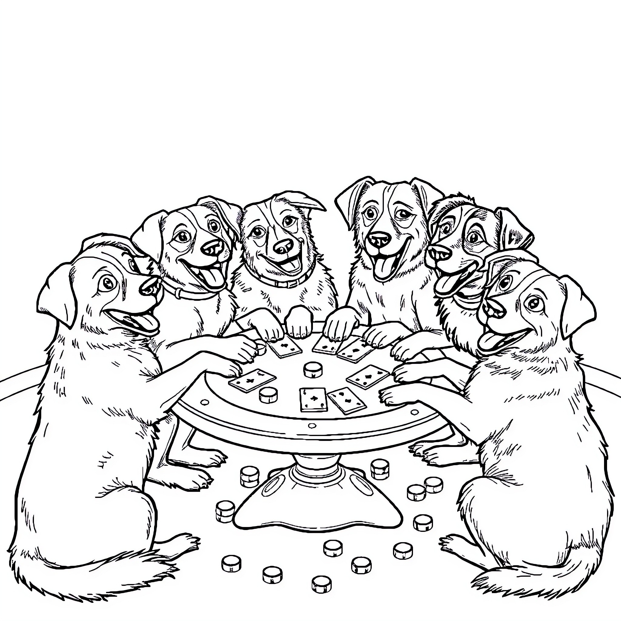 Dog friends playing a board game together Coloring Page (free black-and-white line drawing printable PDF for all, from beginners to advanced learners, including children, teens, adults, and seniors)