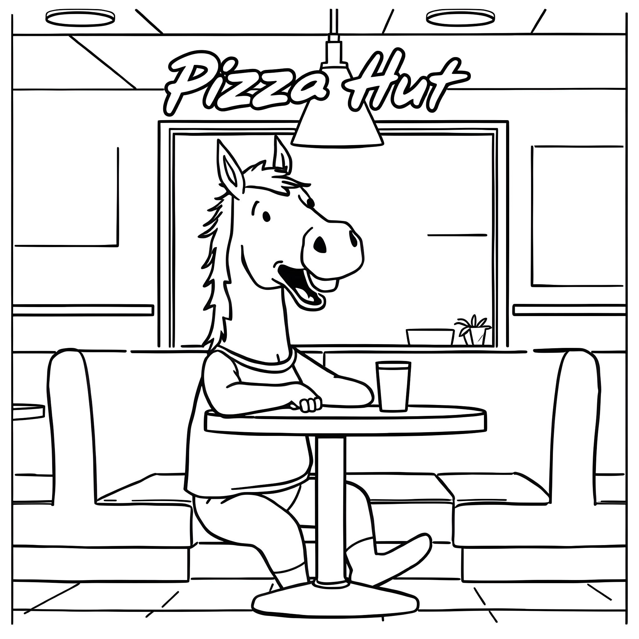 Todd enjoying pizza at the Pizza Hut Coloring Page (free black-and-white line drawing printable PDF for all, from beginners to advanced learners, including children, teens, adults, and seniors)