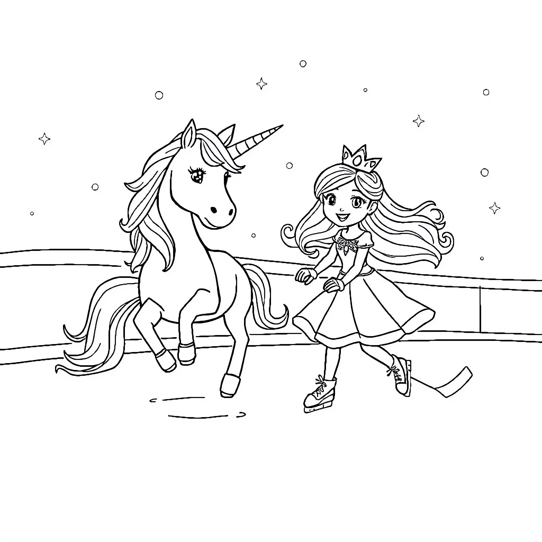 Unicorn and princess enjoy a magical adventure Coloring Page (free black-and-white line drawing printable PDF for all, from beginners to advanced learners, including children, teens, adults, and seniors)