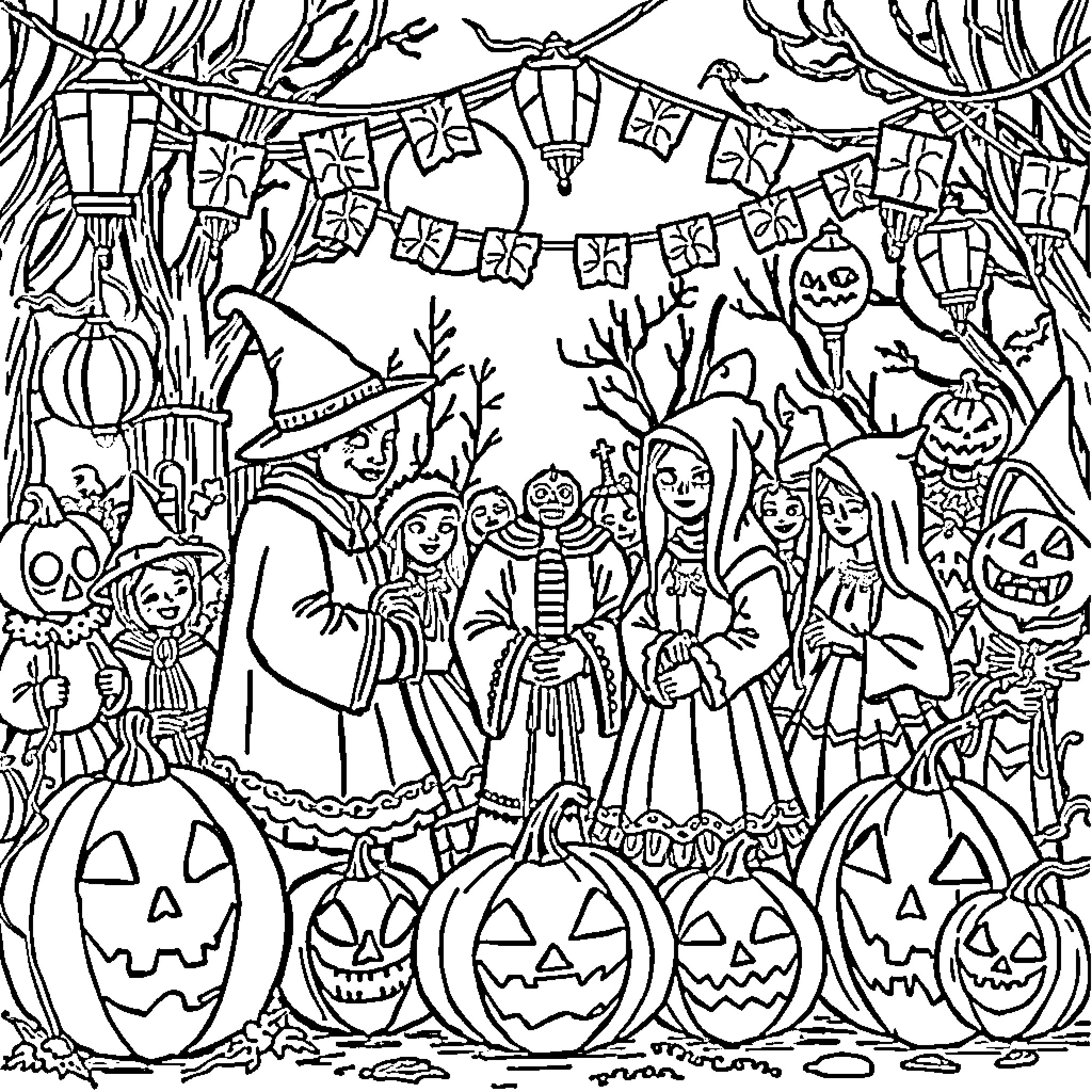 Halloween costumes and celebrations in a festive scene Coloring Page (free black-and-white line drawing printable PDF for all, from beginners to advanced learners, including children, teens, adults, and seniors)