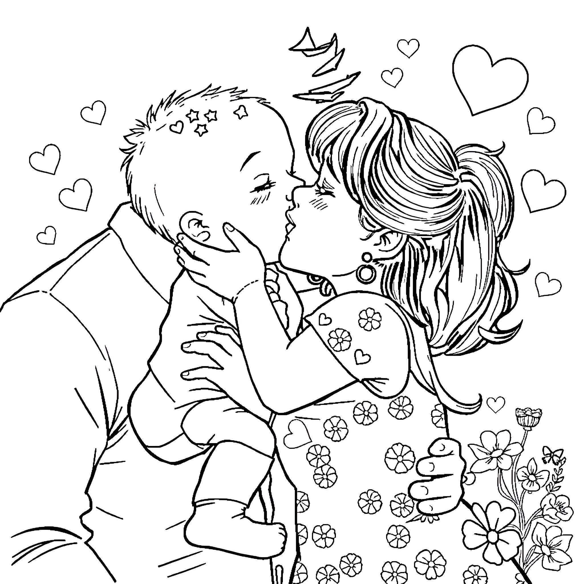 Sweety Pie Couple's Tender Embrace Coloring Page (free black-and-white line drawing printable PDF for all, from beginners to advanced learners, including children, teens, adults, and seniors)