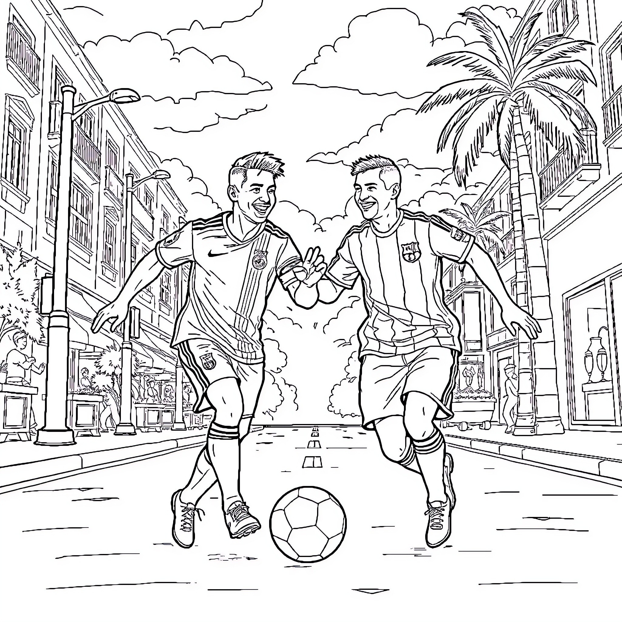 Ronaldo's Friendly Football Match on the Streets Coloring Page (free black-and-white line drawing printable PDF for all, from beginners to advanced learners, including children, teens, adults, and seniors)