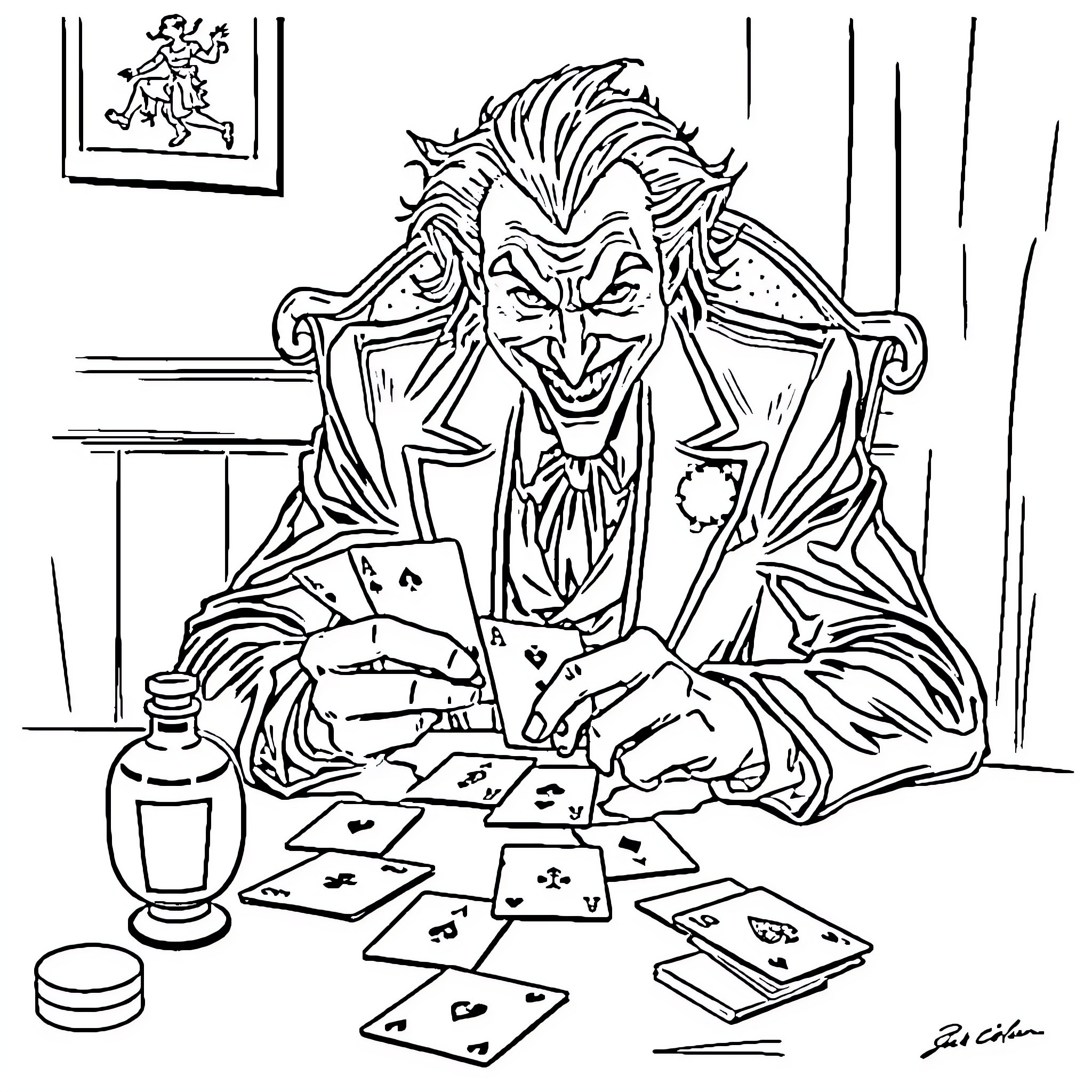 Joker playing cards with a mischievous expression Coloring Page (free black-and-white line drawing printable PDF for all, from beginners to advanced learners, including children, teens, adults, and seniors)