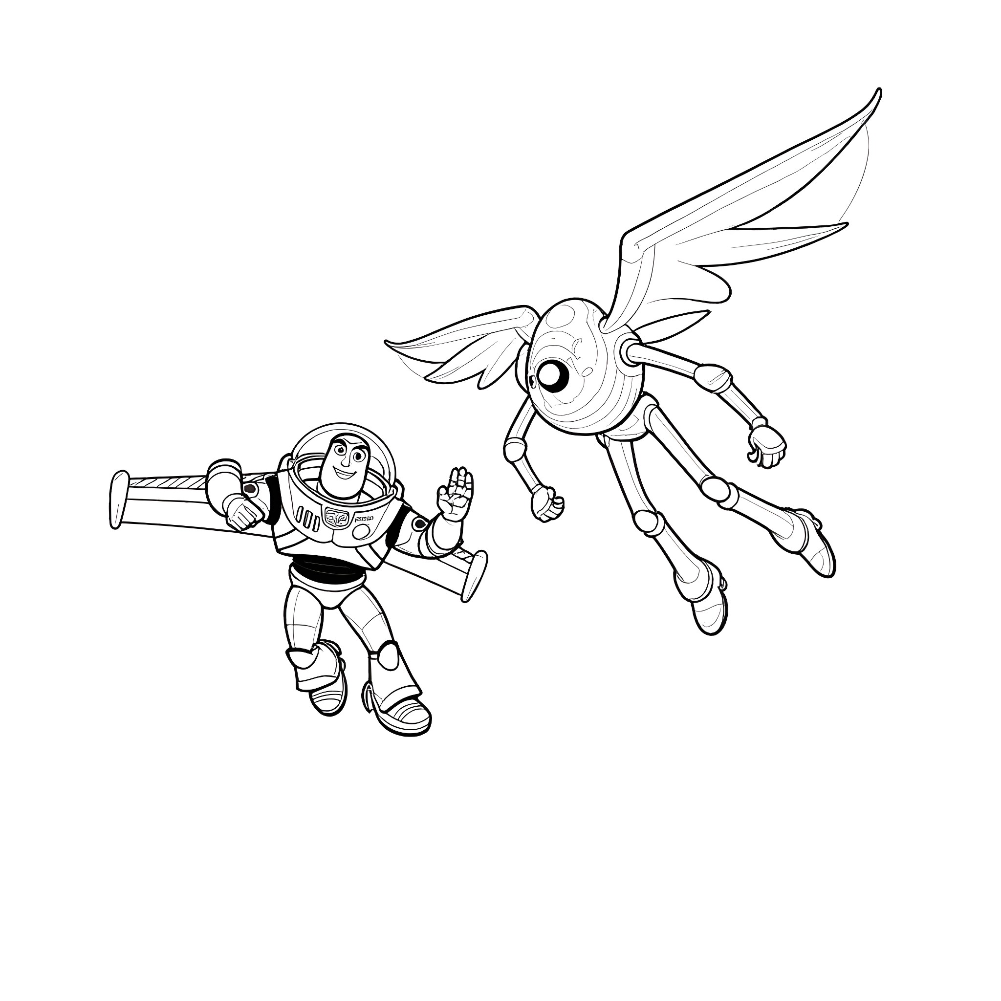 Buzz Lightyear in action with robot companion Coloring Page (free black-and-white line drawing printable PDF for all, from beginners to advanced learners, including children, teens, adults, and seniors)