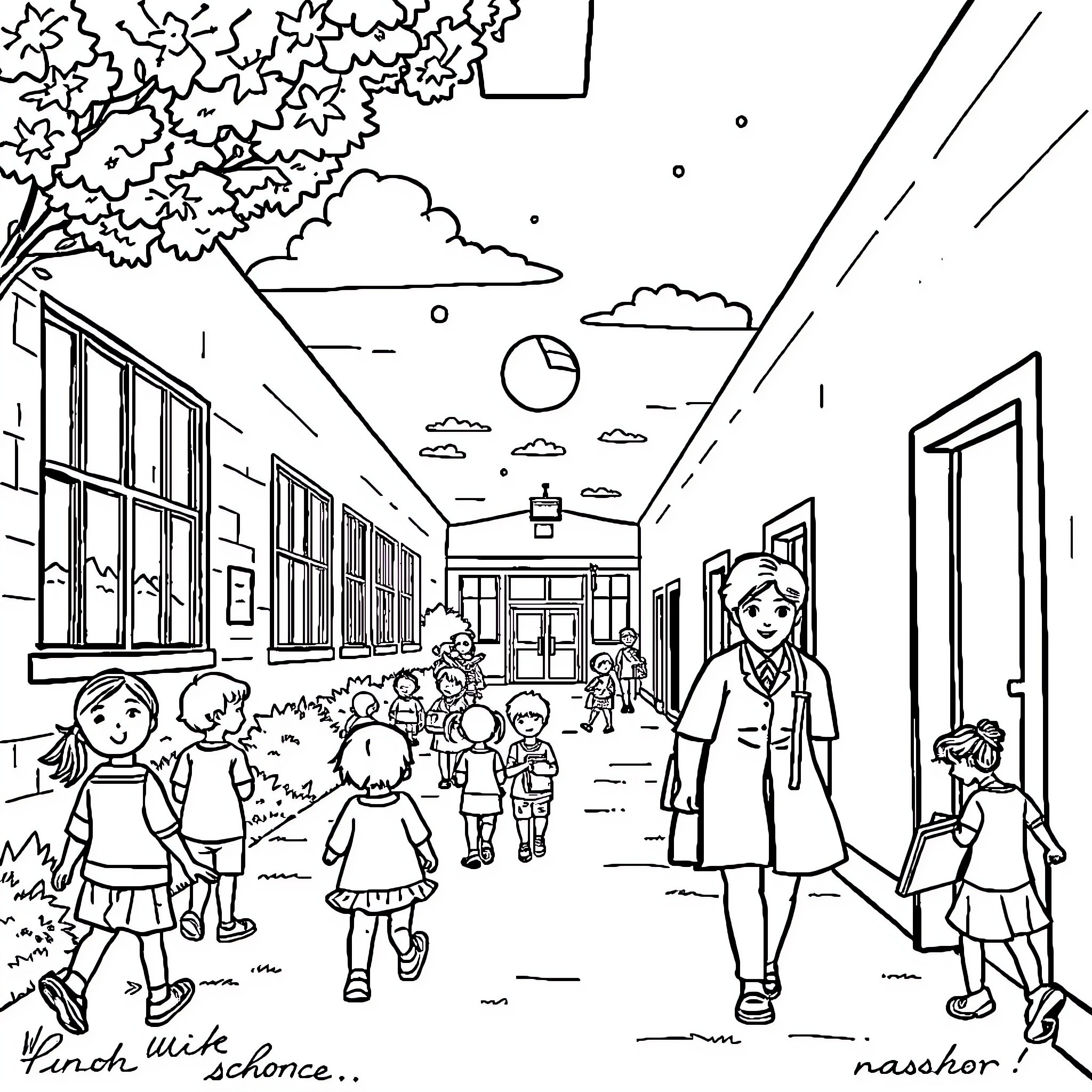 School Recess with Playful Children Coloring Page (free black-and-white line drawing printable PDF for all, from beginners to advanced learners, including children, teens, adults, and seniors)