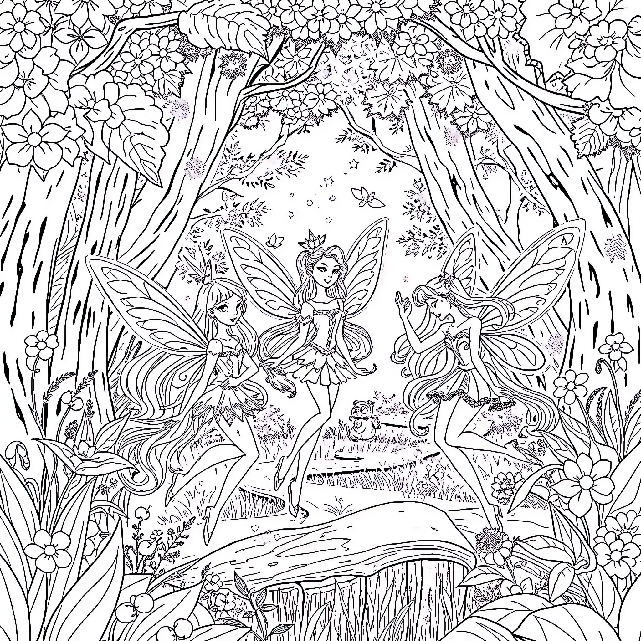 Winx Fairies Frolicking in a Enchanted Forest Coloring Page (free black-and-white line drawing printable PDF for all, from beginners to advanced learners, including children, teens, adults, and seniors)