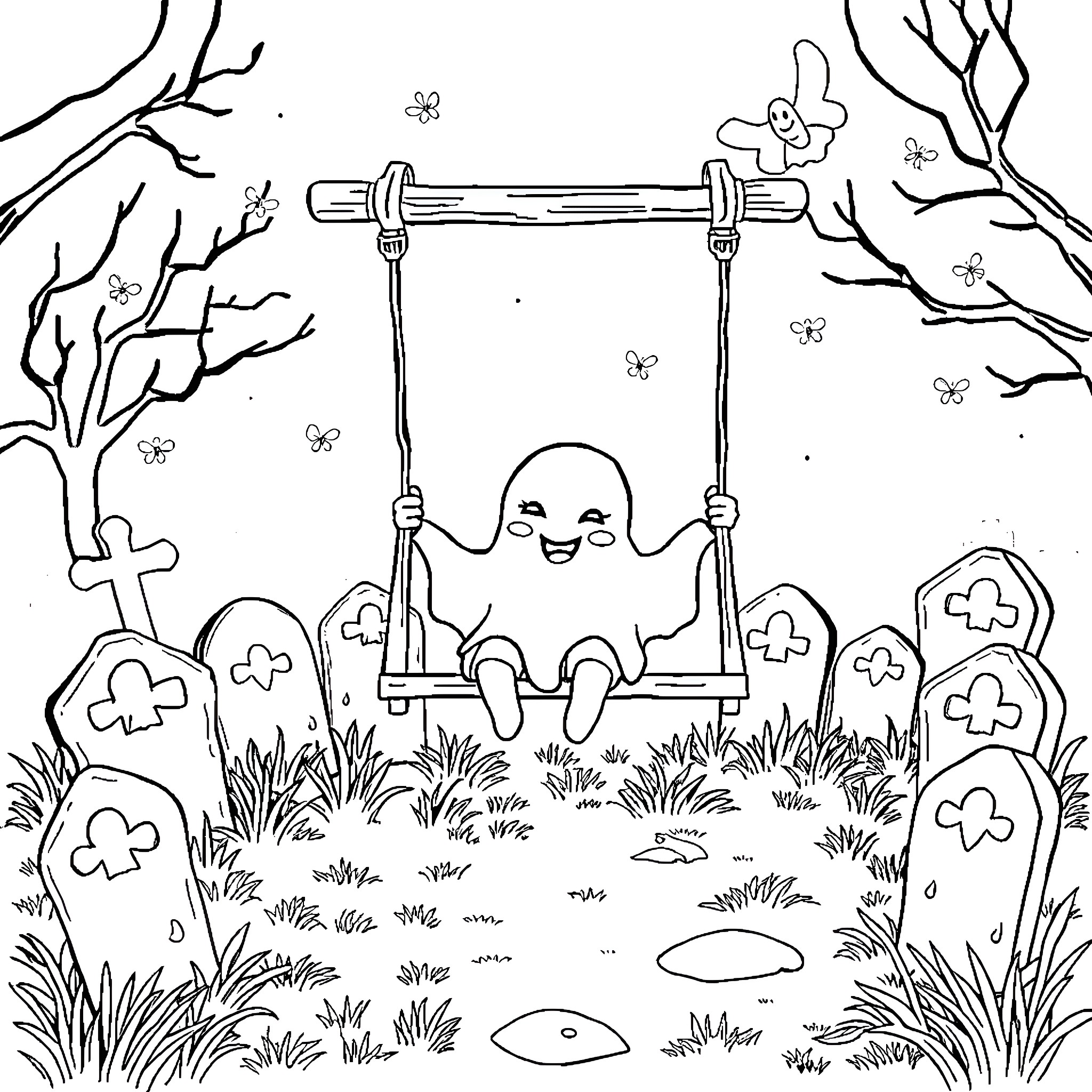 Ghost swinging happily in graveyard Coloring Page (free black-and-white line drawing printable PDF for all, from beginners to advanced learners, including children, teens, adults, and seniors)
