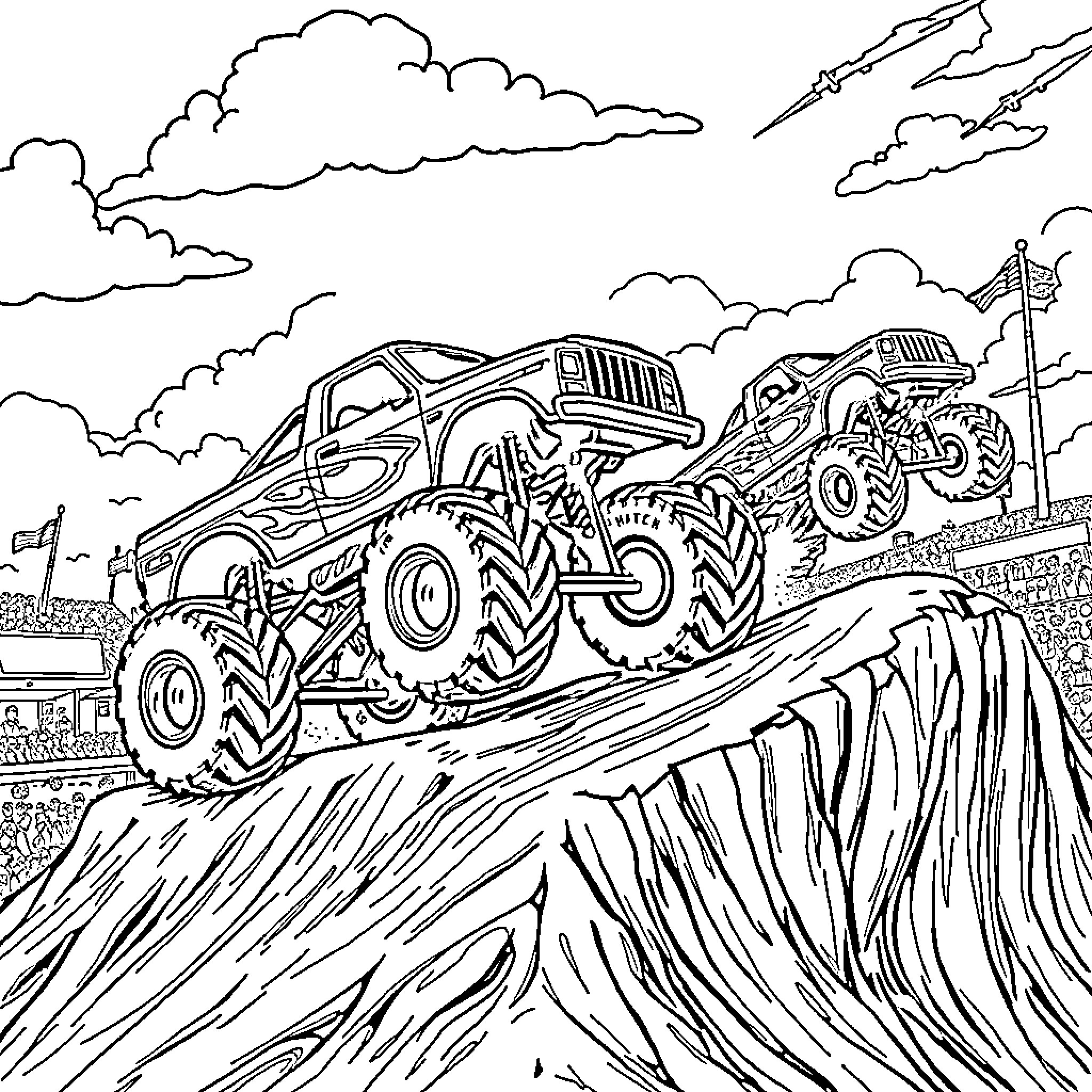 Monster Truck Jumping Over Rugged Terrain Coloring Page (free black-and-white line drawing printable PDF for all, from beginners to advanced learners, including children, teens, adults, and seniors)
