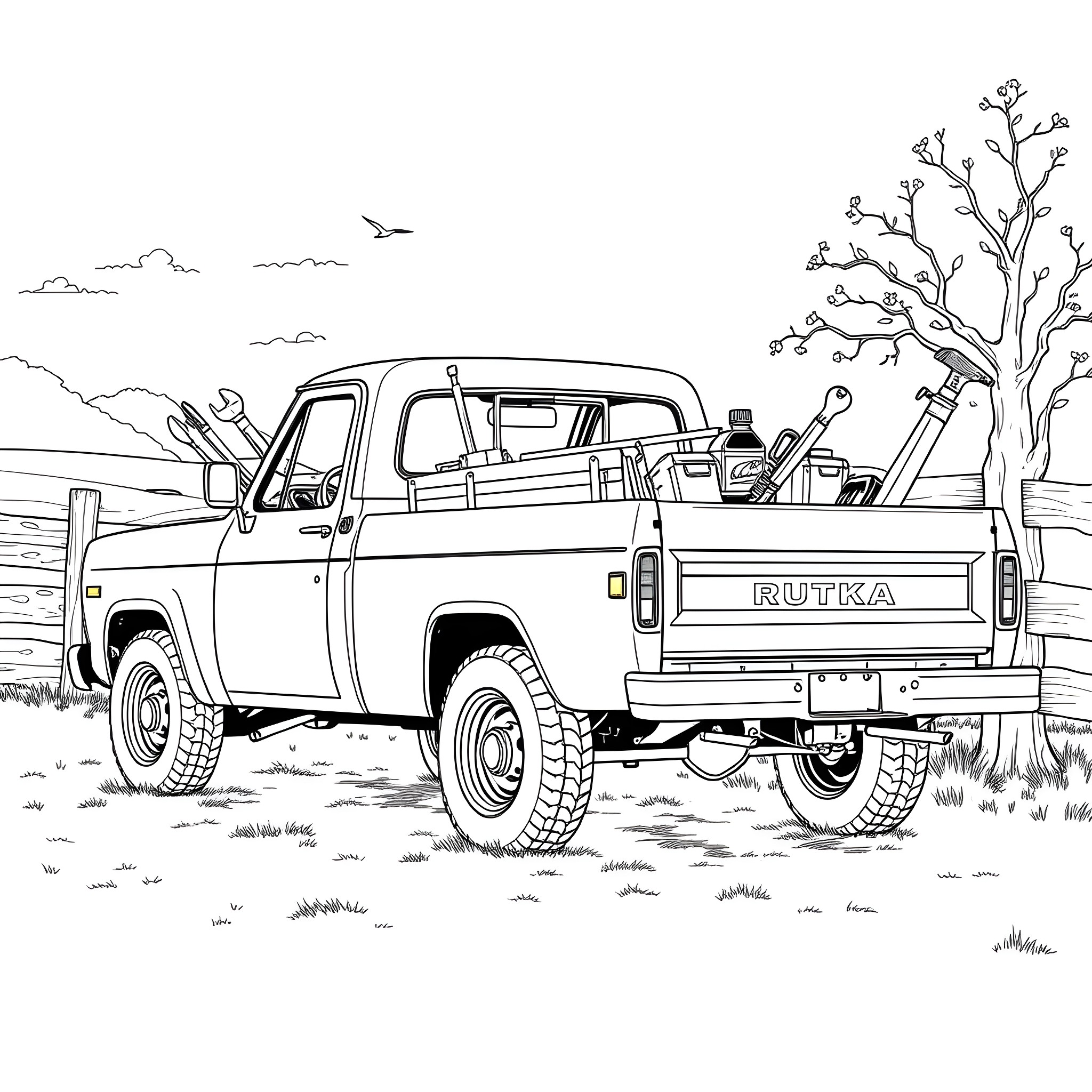 Dump Truck loaded with tools on the road Coloring Page (free black-and-white line drawing printable PDF for all, from beginners to advanced learners, including children, teens, adults, and seniors)