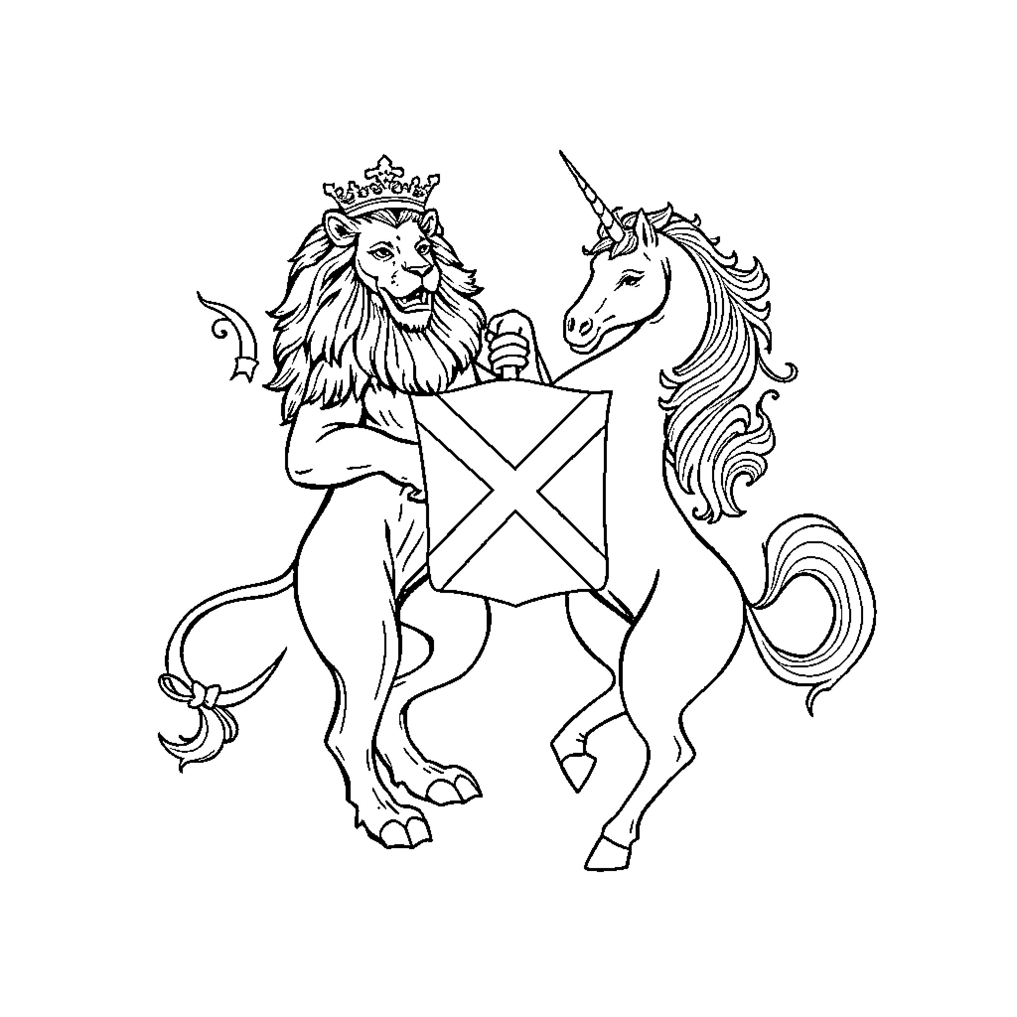 Lion and Unicorn Heraldic Emblem Coloring Page (free black-and-white line drawing printable PDF for all, from beginners to advanced learners, including children, teens, adults, and seniors)