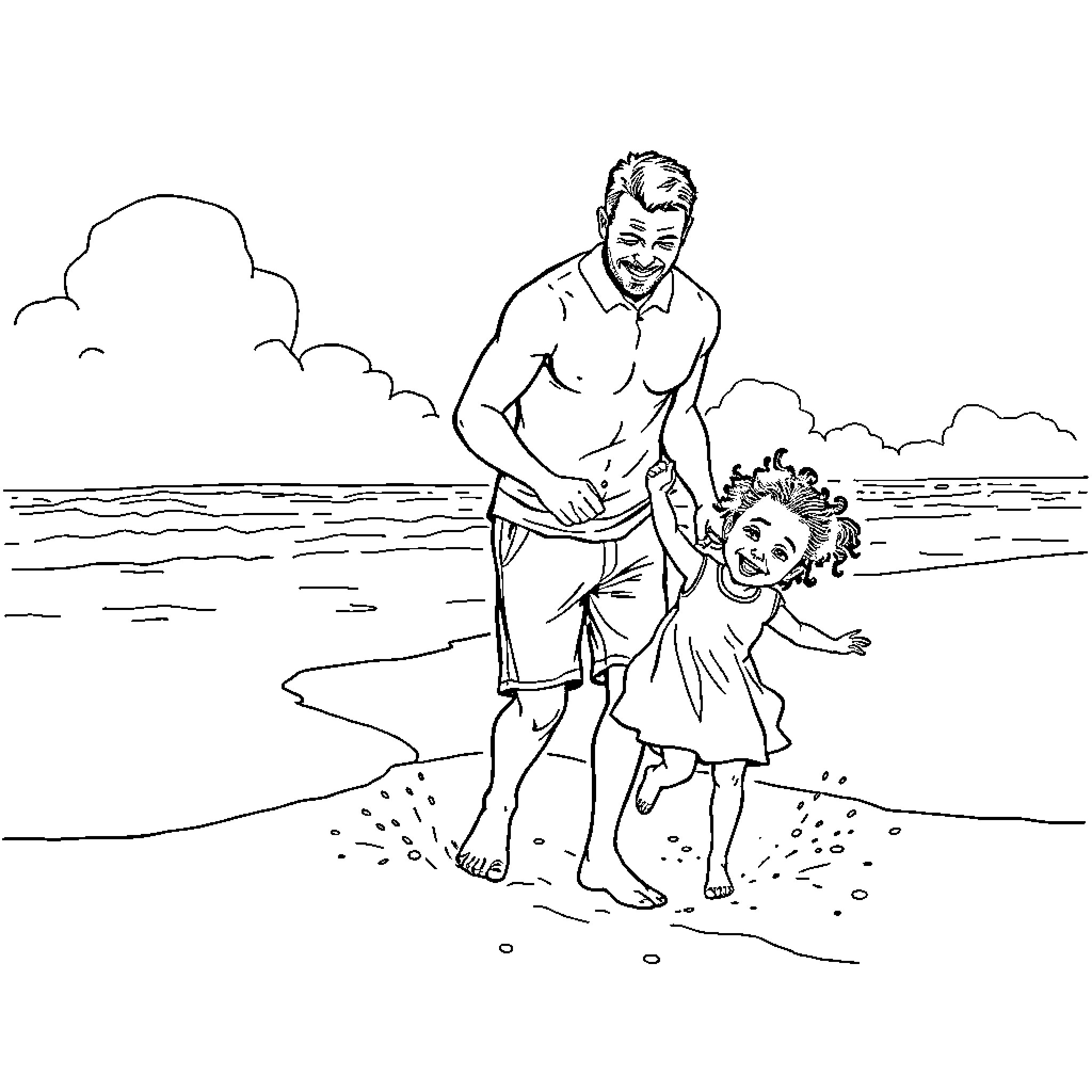 Father and daughter playing on the beach Coloring Page (free black-and-white line drawing printable PDF for all, from beginners to advanced learners, including children, teens, adults, and seniors)