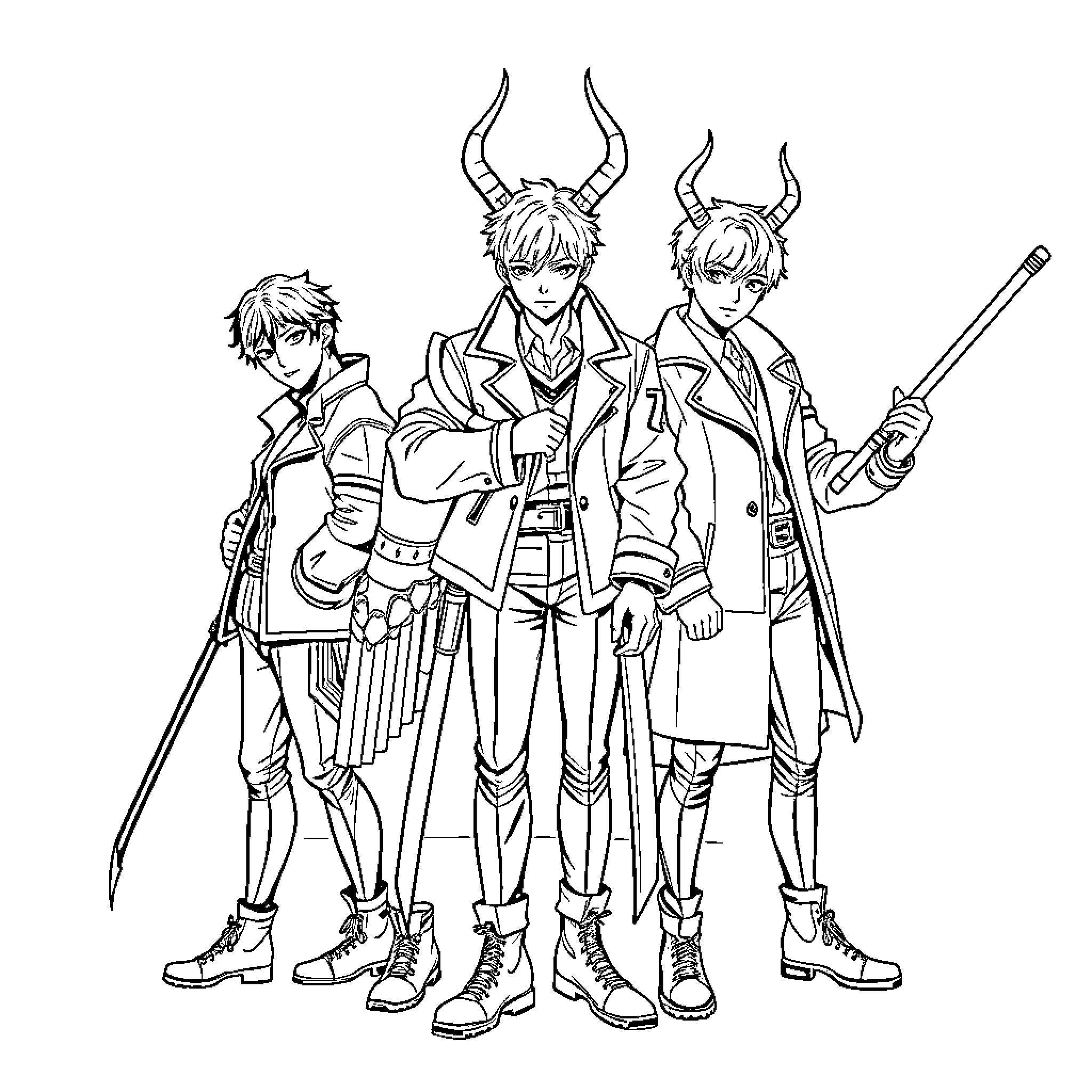Saja Boys: Three Youths in Stylish Attire Coloring Page (free black-and-white line drawing printable PDF for all, from beginners to advanced learners, including children, teens, adults, and seniors)