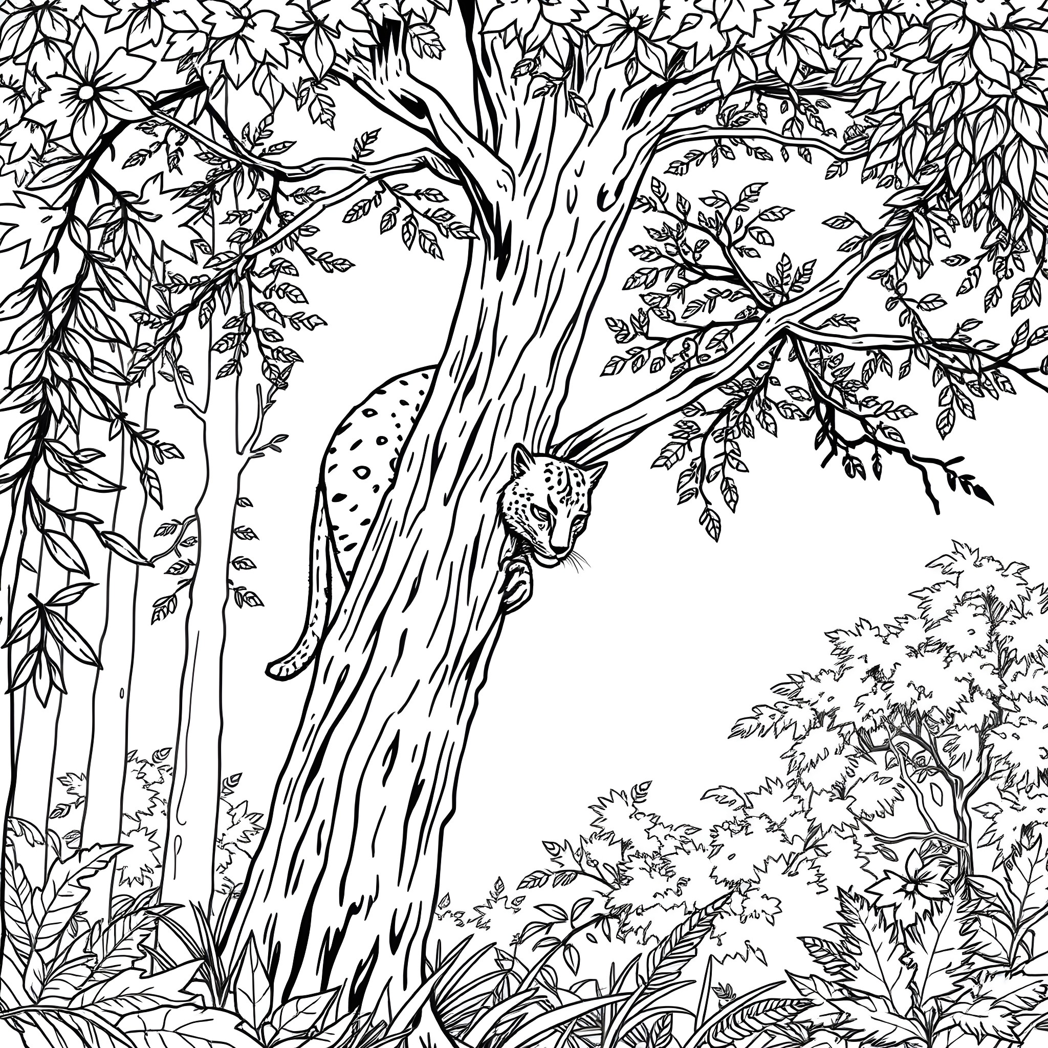 Predator hiding in the lush jungle foliage Coloring Page (free black-and-white line drawing printable PDF for all, from beginners to advanced learners, including children, teens, adults, and seniors)