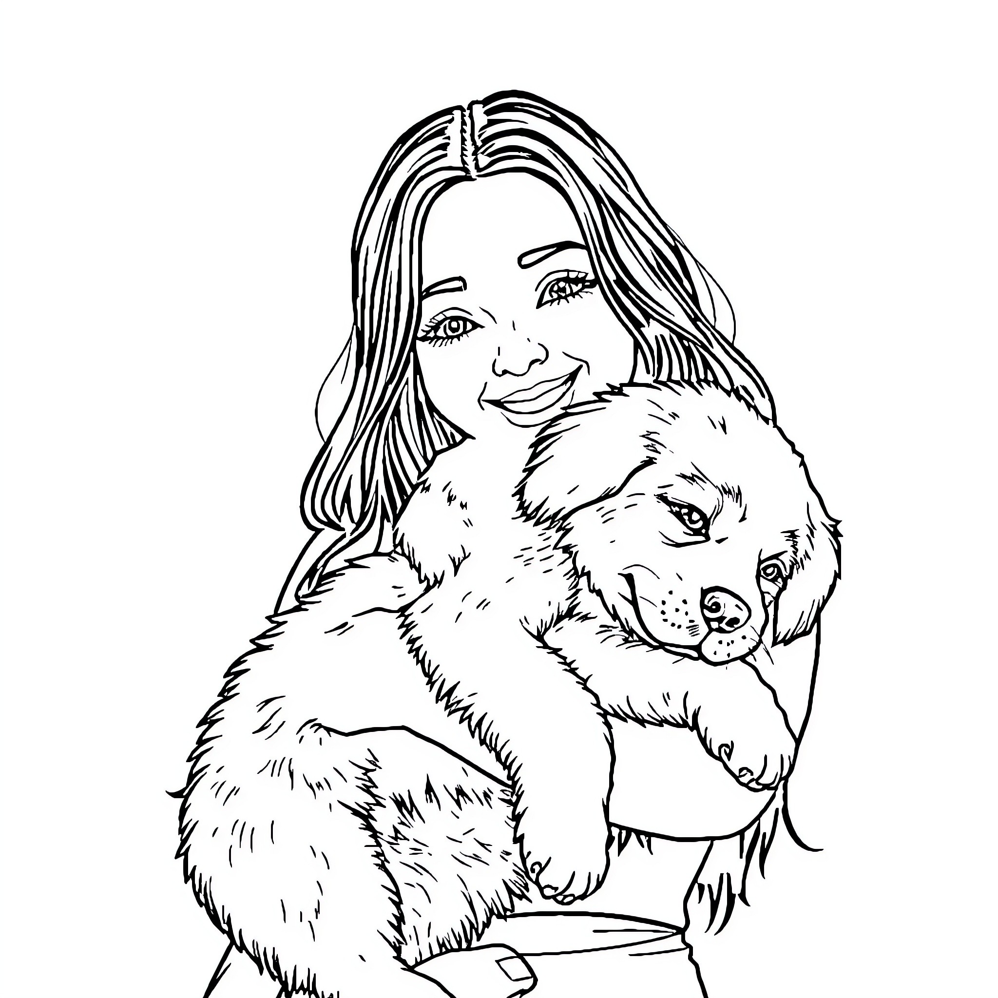 Billie Eilish holding a friendly dog Coloring Page (free black-and-white line drawing printable PDF for all, from beginners to advanced learners, including children, teens, adults, and seniors)