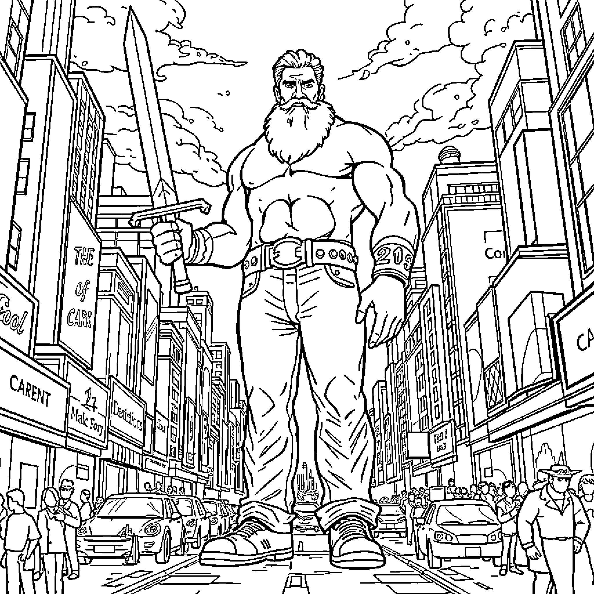Giant Man towering over a crowded city street Coloring Page (free black-and-white line drawing printable PDF for all, from beginners to advanced learners, including children, teens, adults, and seniors)