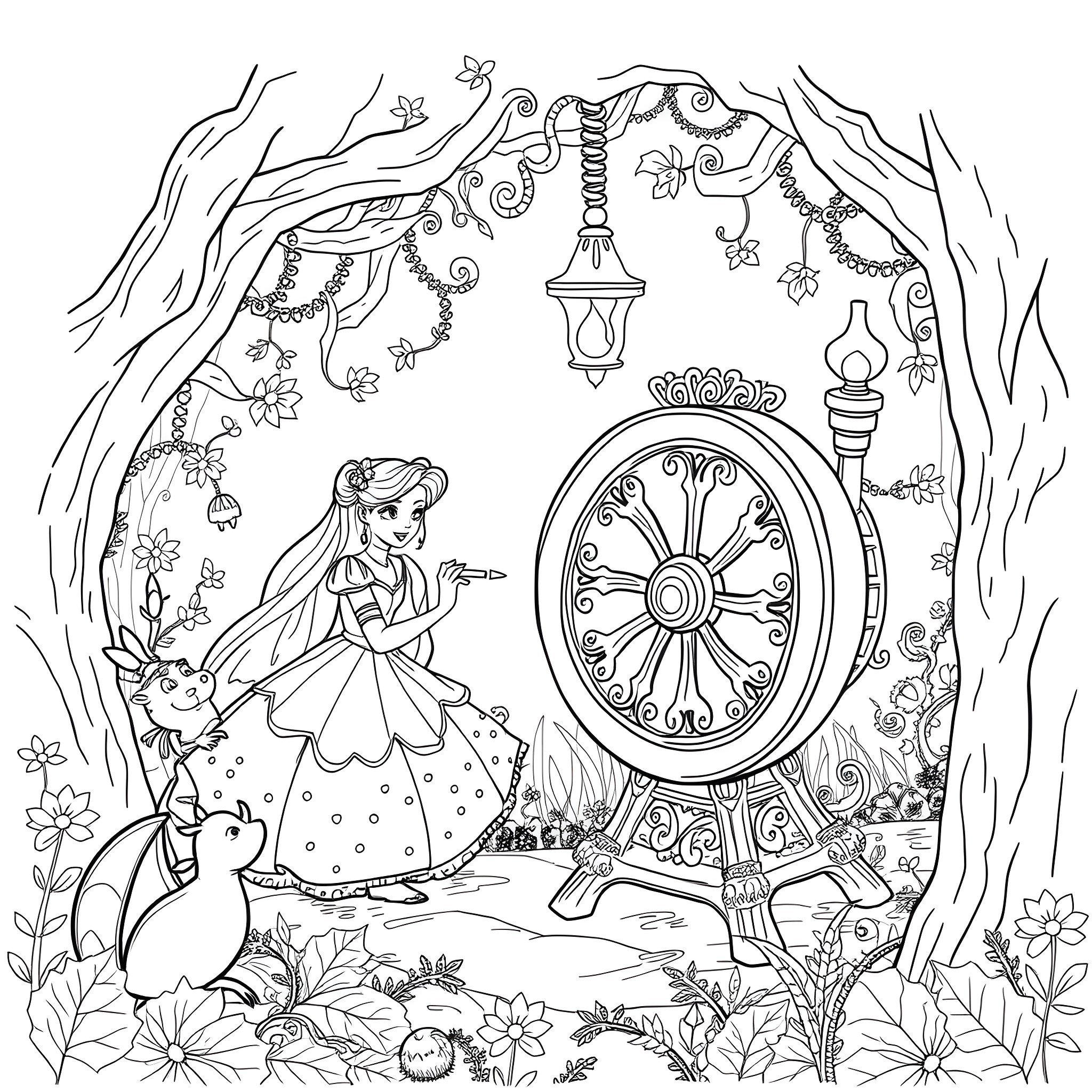 Sleeping Beauty in a Magical Forest Scene Coloring Page (free black-and-white line drawing printable PDF for all, from beginners to advanced learners, including children, teens, adults, and seniors)