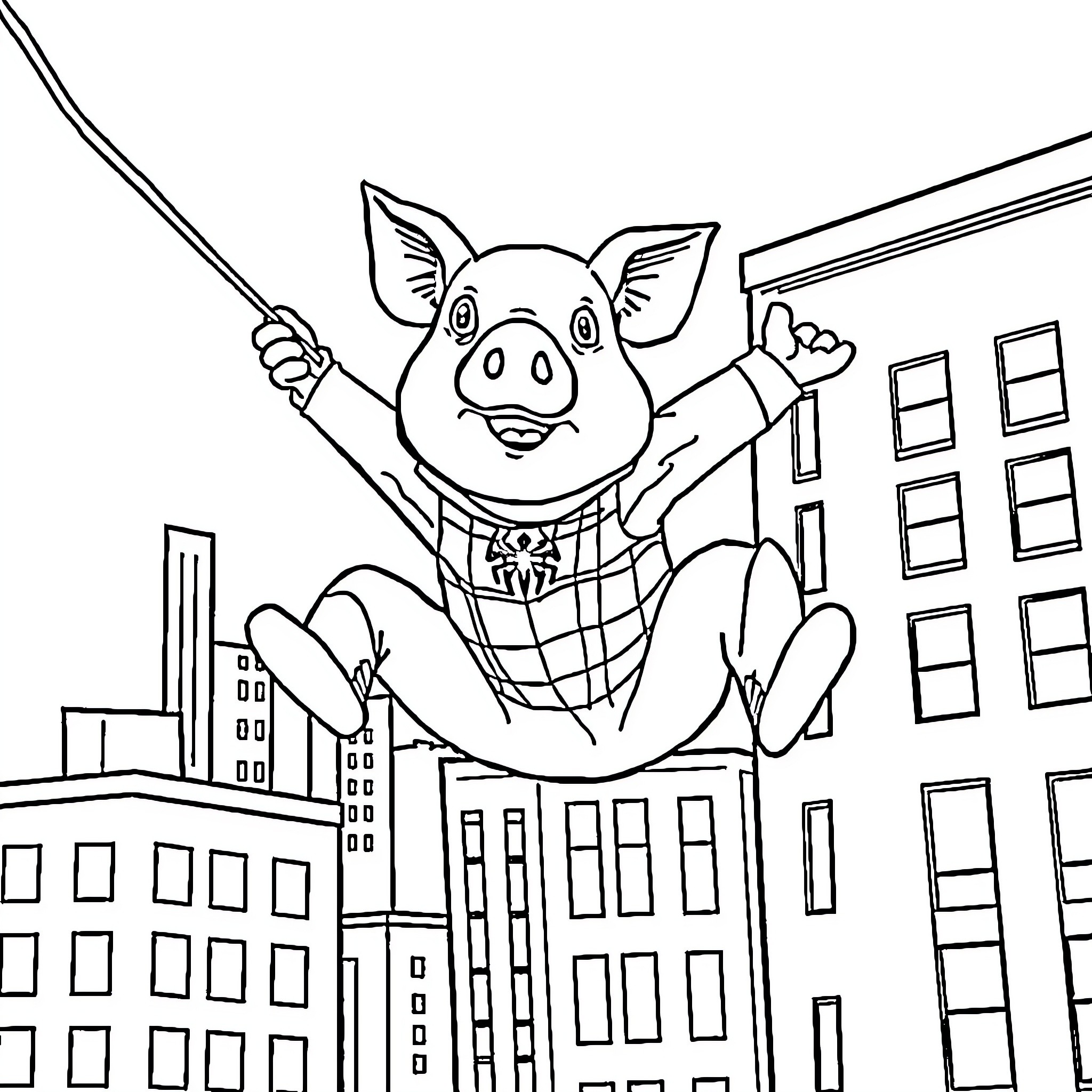 Pig Spider-Man swinging over the city skyline Coloring Page (free black-and-white line drawing printable PDF for all, from beginners to advanced learners, including children, teens, adults, and seniors)