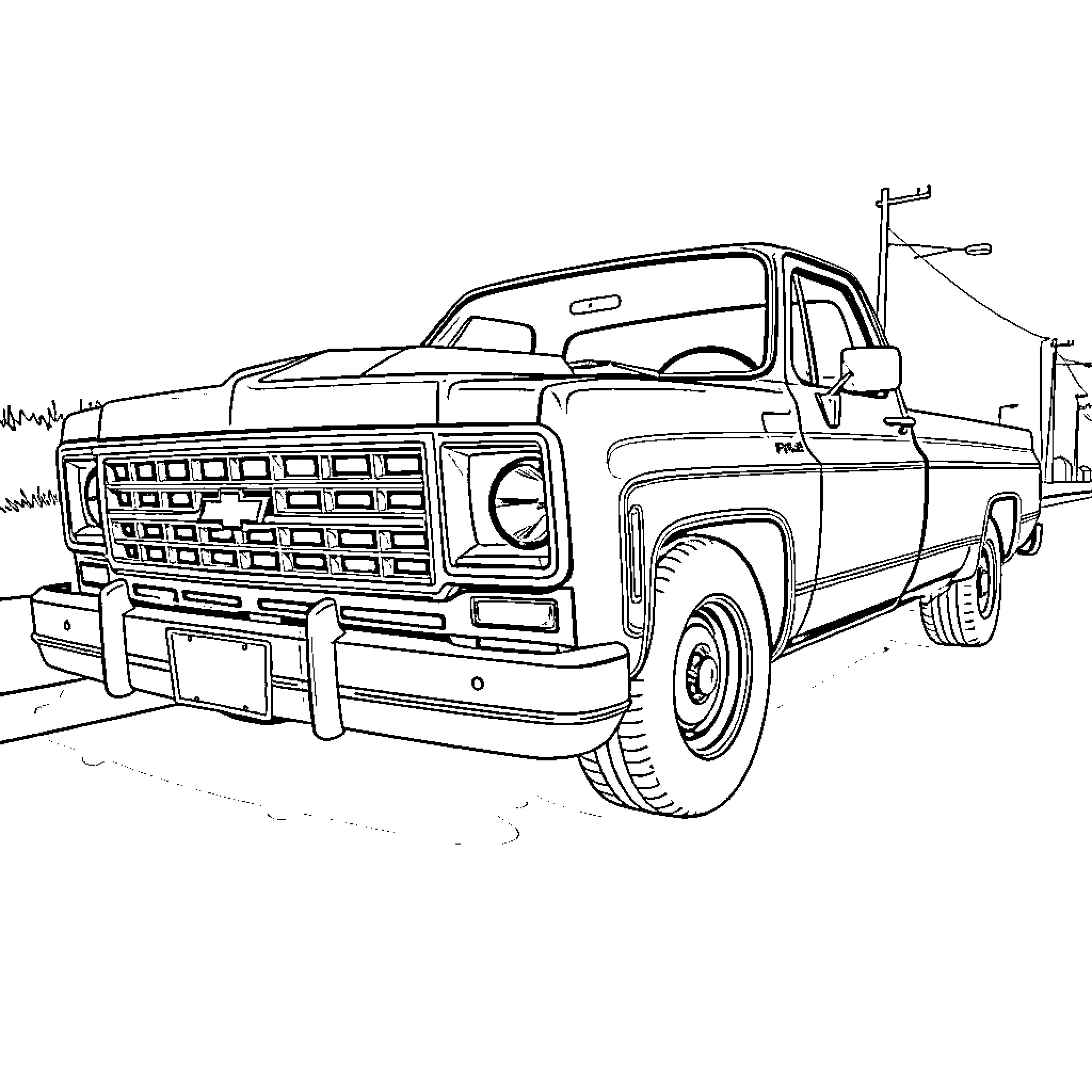 Chevy Truck parked on the street Coloring Page (free black-and-white line drawing printable PDF for all, from beginners to advanced learners, including children, teens, adults, and seniors)