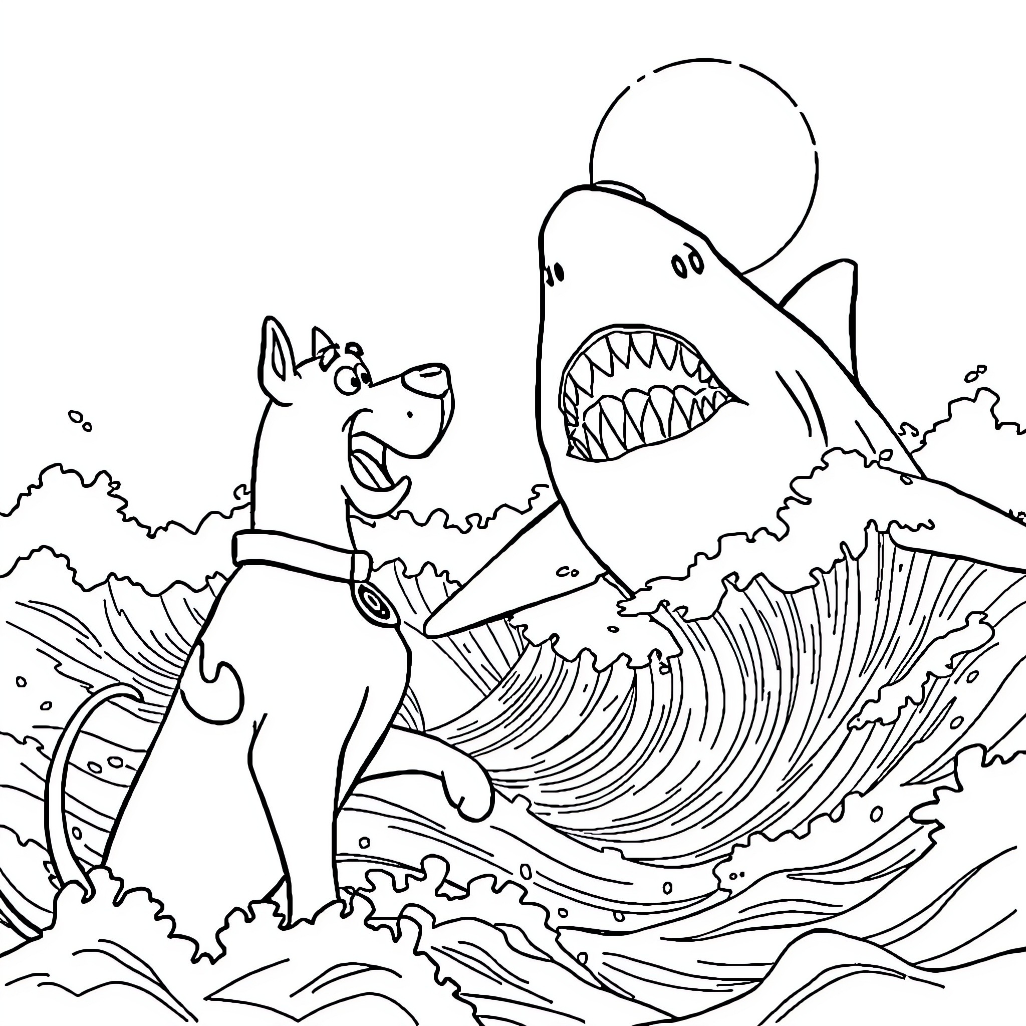 Scooby Doo chased by a giant shark in the ocean Coloring Page (free black-and-white line drawing printable PDF for all, from beginners to advanced learners, including children, teens, adults, and seniors)