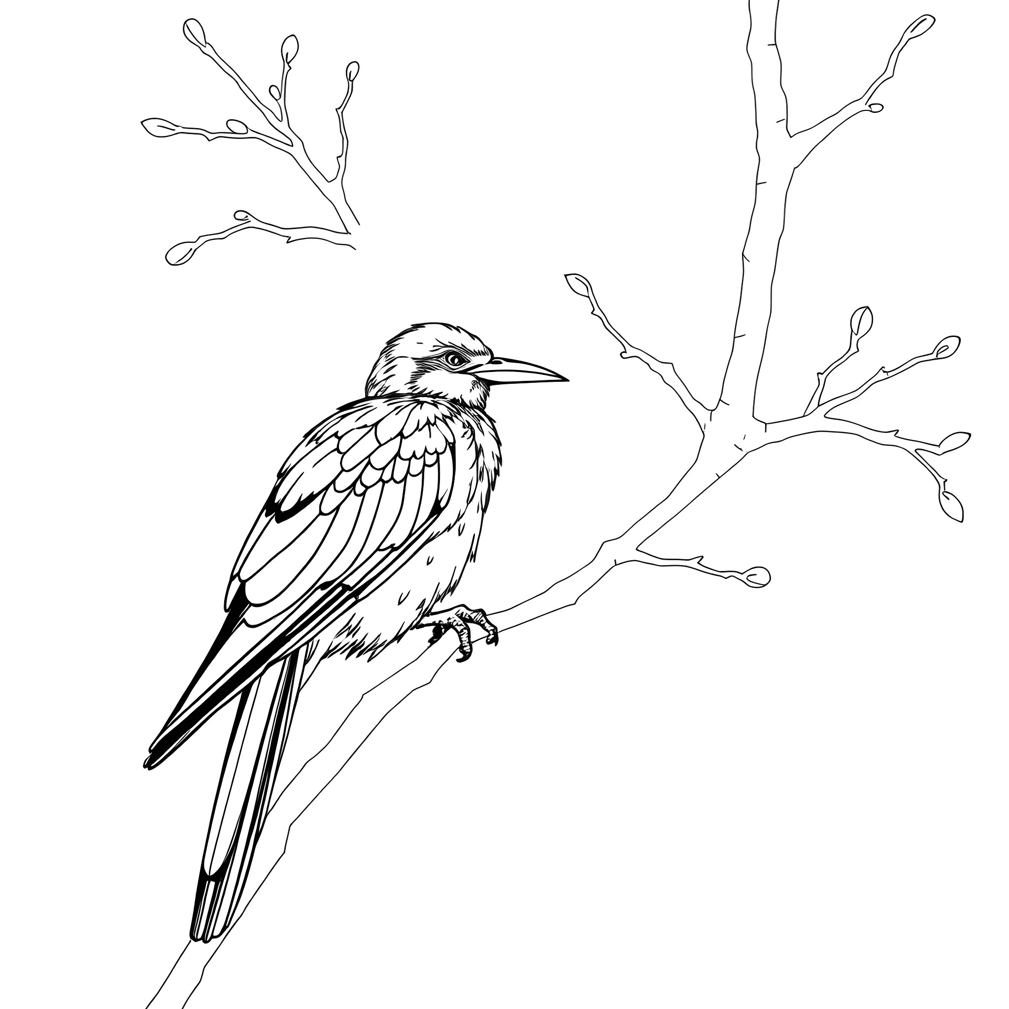 Calyptomena bird resting on a tree branch Coloring Page (free black-and-white line drawing printable PDF for all, from beginners to advanced learners, including children, teens, adults, and seniors)