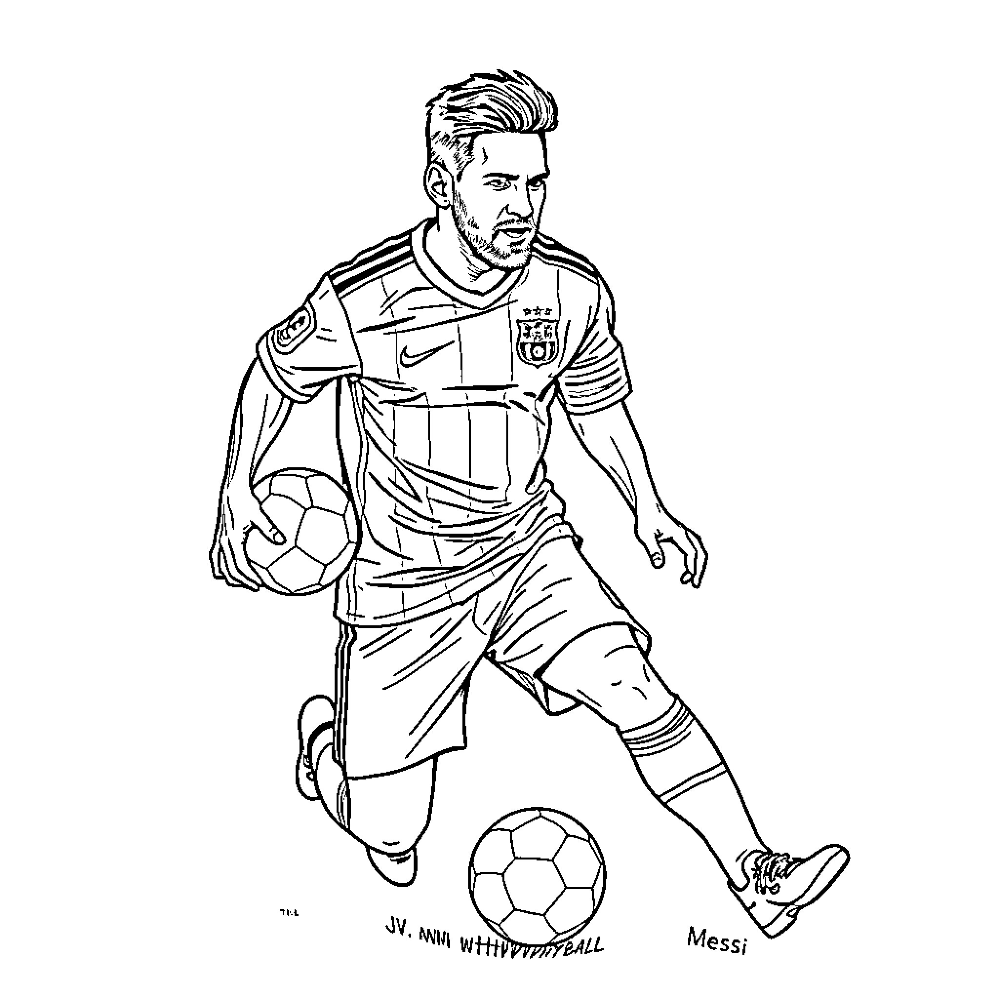 Messi Dribbling with Soccer Ball on Field Coloring Page (free black-and-white line drawing printable PDF for all, from beginners to advanced learners, including children, teens, adults, and seniors)