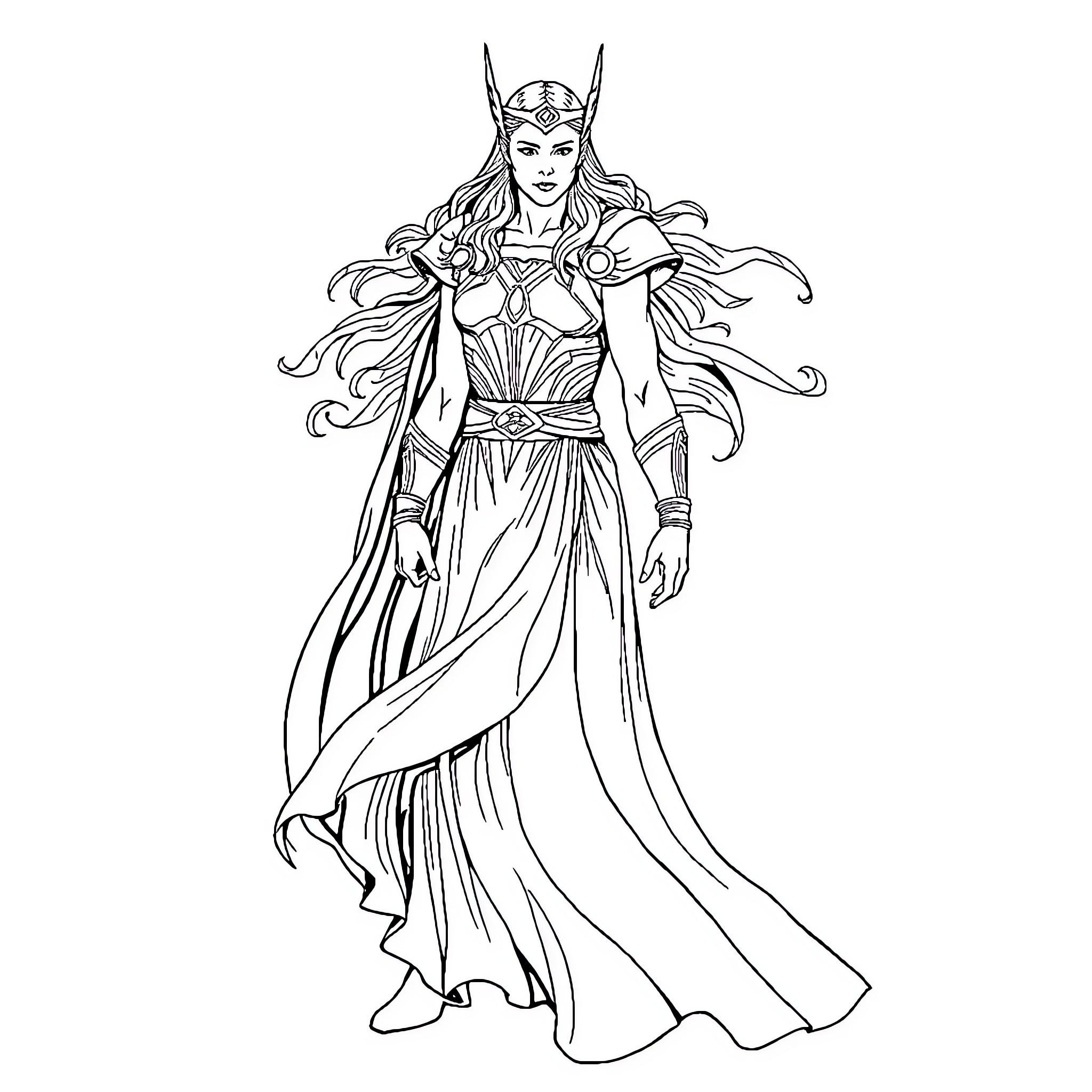 Thor's Powerful Queen in Flowing Regal Attire Coloring Page (free black-and-white line drawing printable PDF for all, from beginners to advanced learners, including children, teens, adults, and seniors)