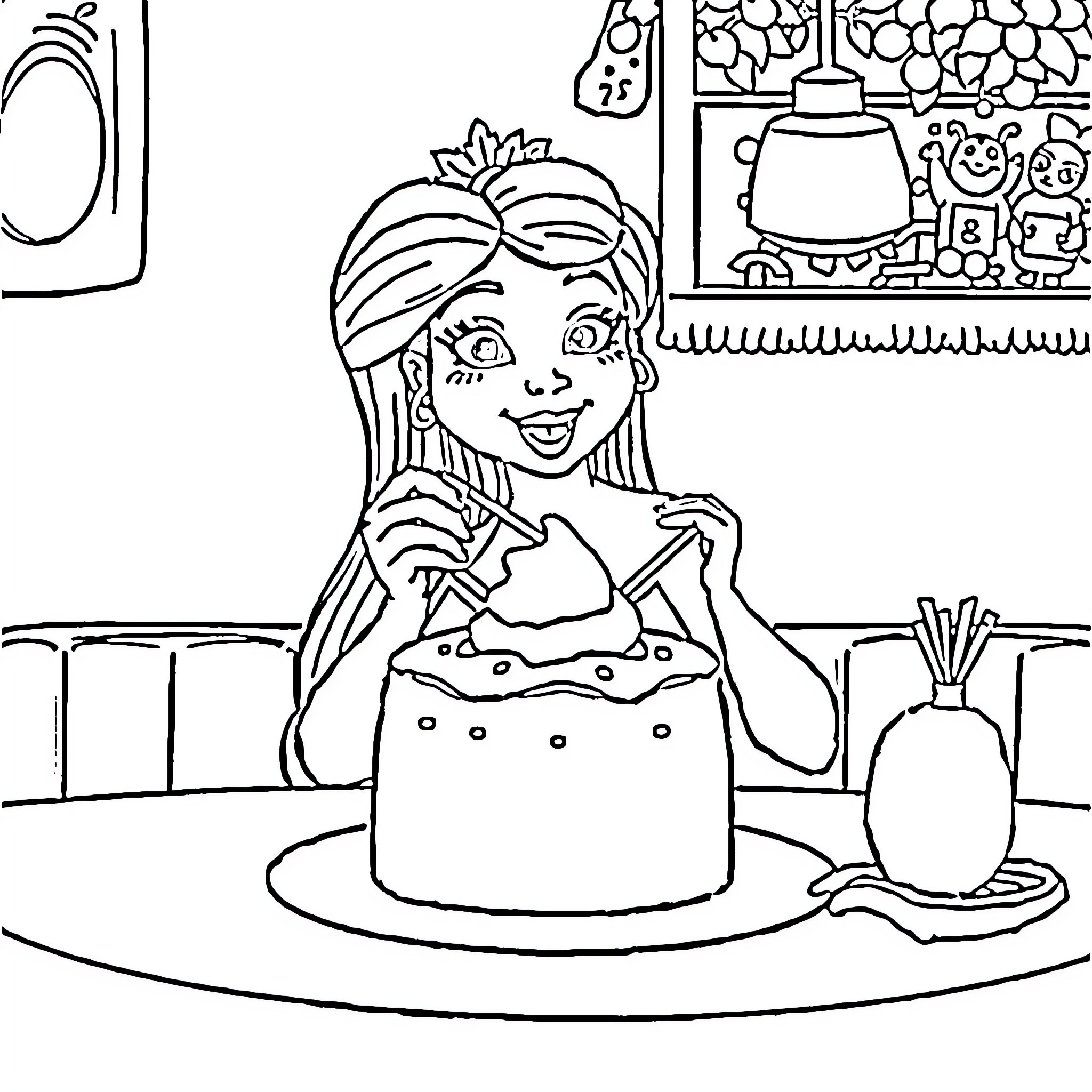 Cenicienta's Festive Birthday Celebration Coloring Page (free black-and-white line drawing printable PDF for all, from beginners to advanced learners, including children, teens, adults, and seniors)