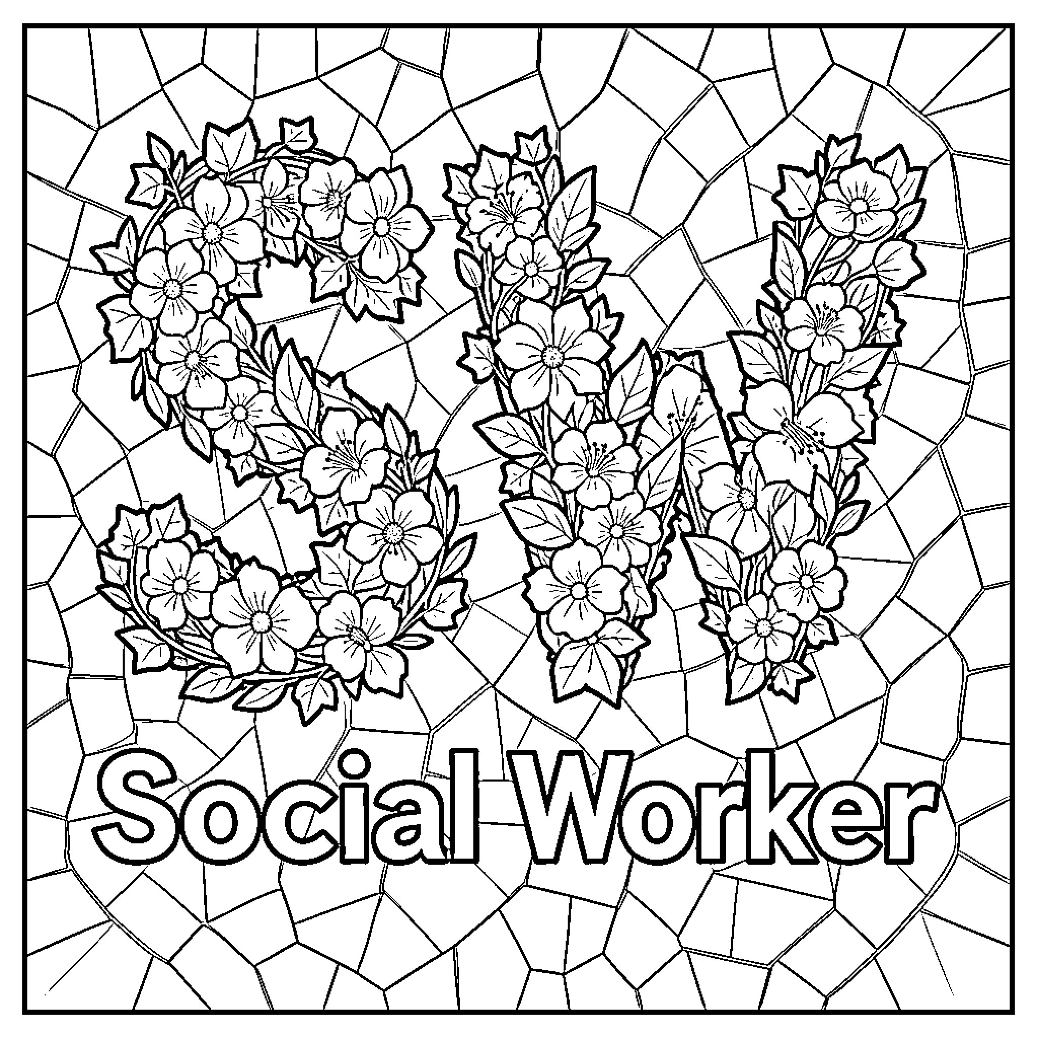 Letter SW decorated with beautiful blooming flowers Coloring Page (free black-and-white line drawing printable PDF for all, from beginners to advanced learners, including children, teens, adults, and seniors)
