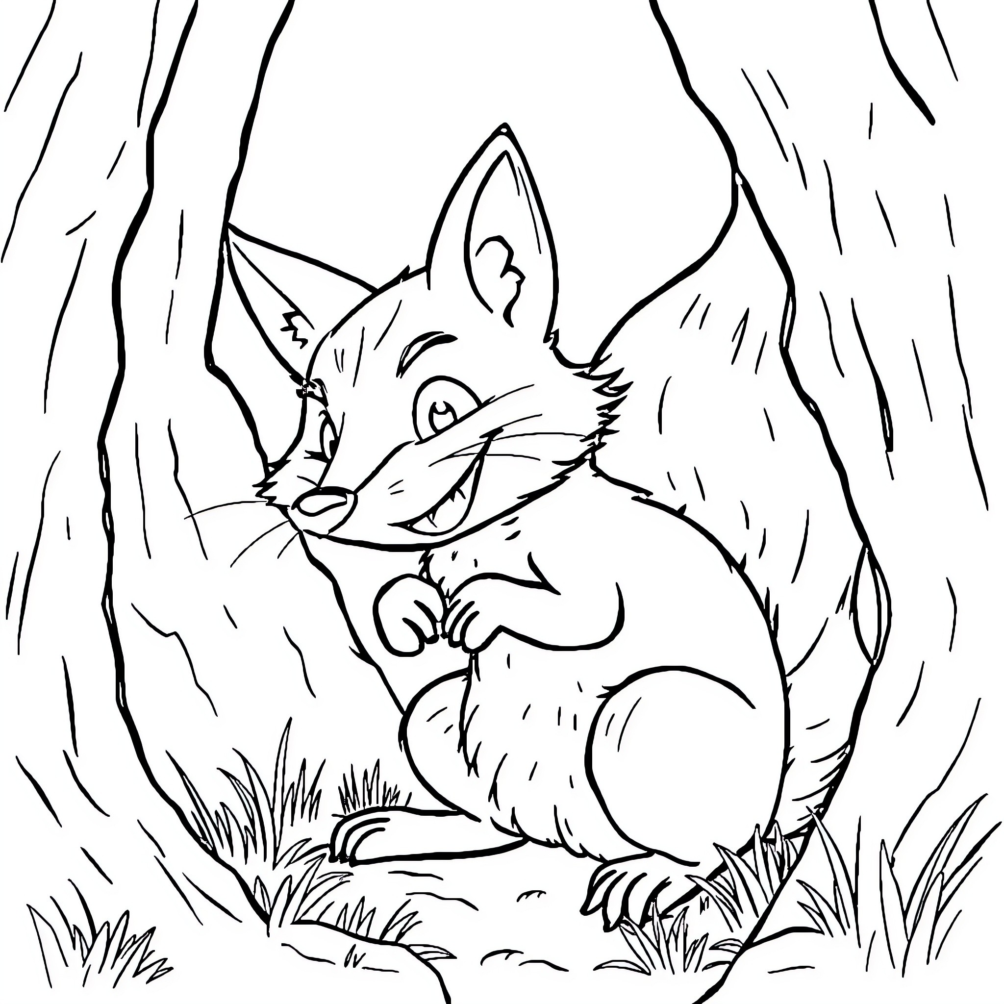 Fox exploring the forest Coloring Page (free black-and-white line drawing printable PDF for all, from beginners to advanced learners, including children, teens, adults, and seniors)