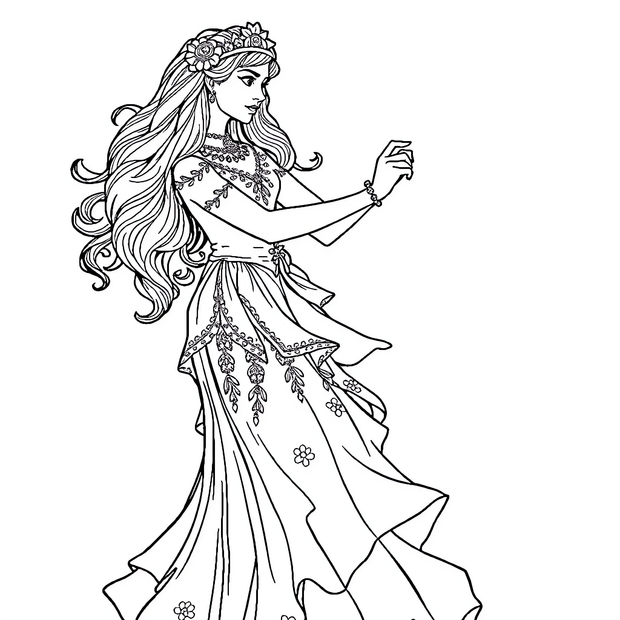 Cinderella in an elegant ball gown posing gracefully Coloring Page (free black-and-white line drawing printable PDF for all, from beginners to advanced learners, including children, teens, adults, and seniors)