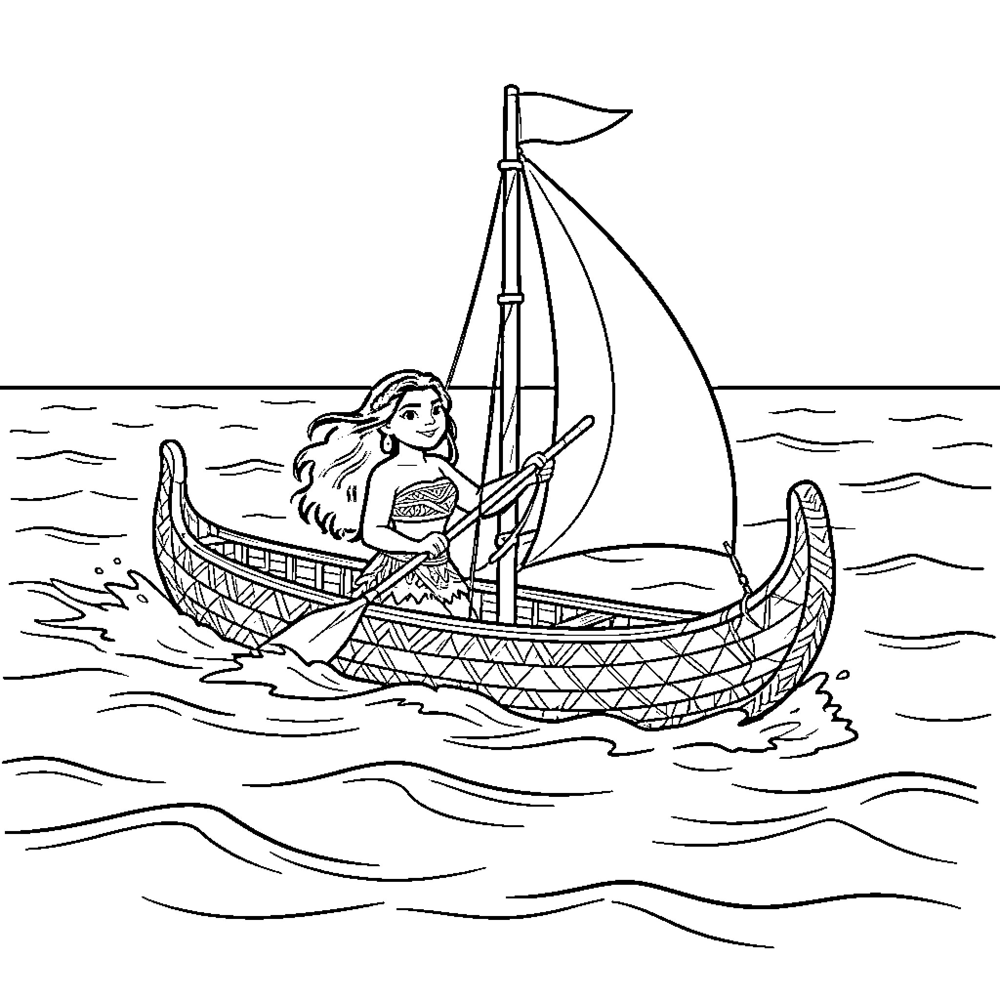 Moana sailing a small boat across the ocean Coloring Page (free black-and-white line drawing printable PDF for all, from beginners to advanced learners, including children, teens, adults, and seniors)