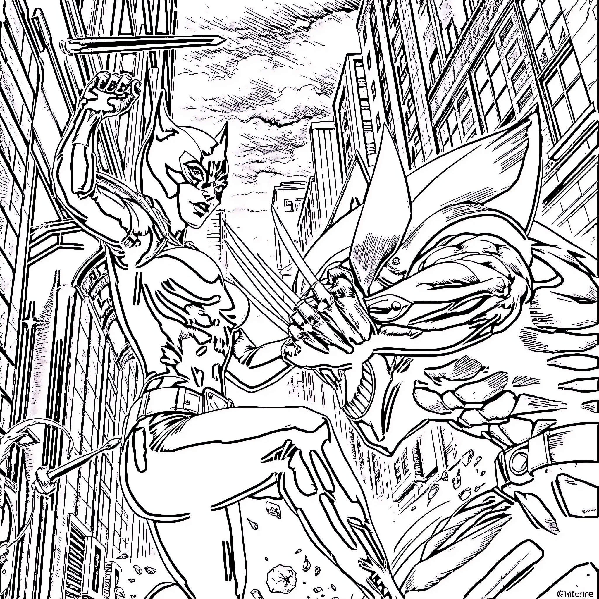 Catwoman battles a fierce villain in the city streets Coloring Page (free black-and-white line drawing printable PDF for all, from beginners to advanced learners, including children, teens, adults, and seniors)