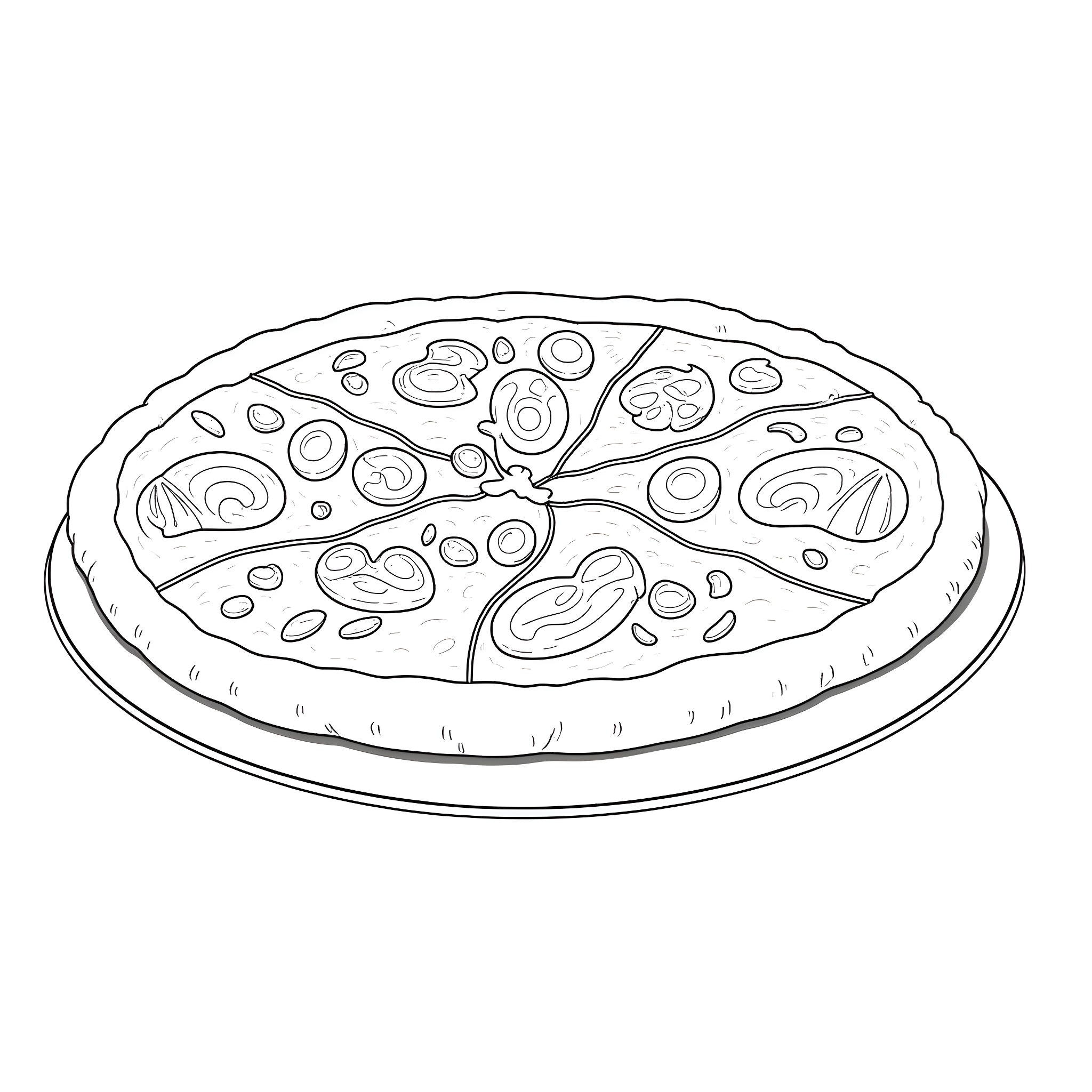 Pizza with various toppings Coloring Page (free black-and-white line drawing printable PDF for all, from beginners to advanced learners, including children, teens, adults, and seniors)